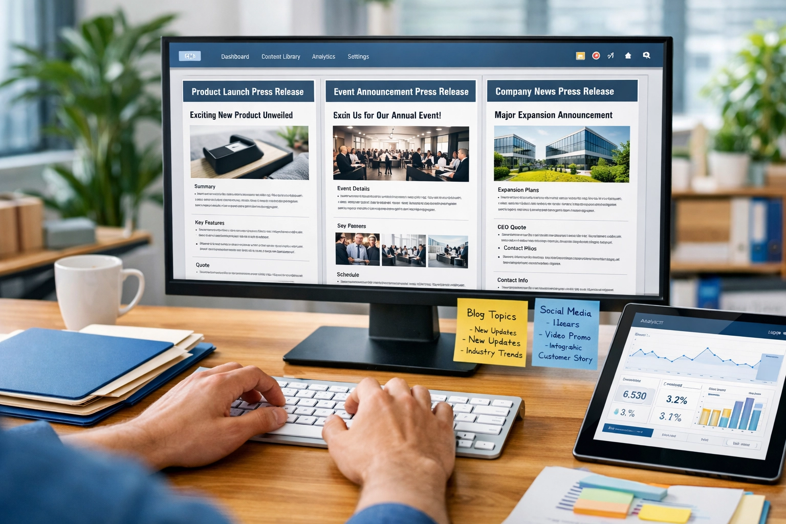 Professional workspace showing press release templates on monitor with content management system interface