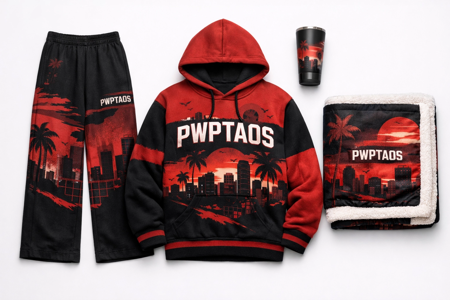 PWPTAOS streetwear collection flat lay featuring hoodie, wide-leg pants, tumbler, and Sherpa blanket