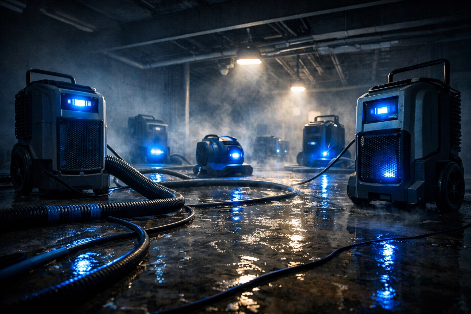 Industrial dehumidifiers and air movers drying flooded basement during water damage restoration