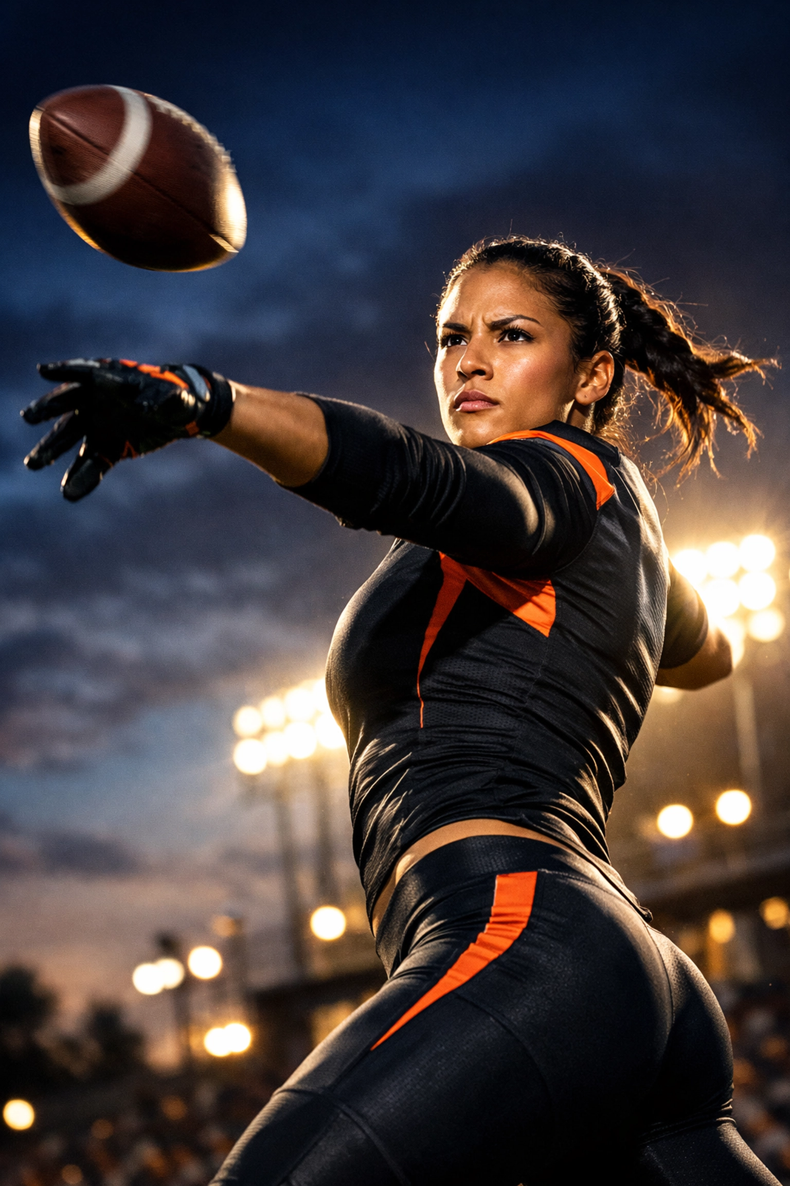 Girls flag football athlete throwing a perfect spiral under stadium lights, showcasing elite varsity skills.