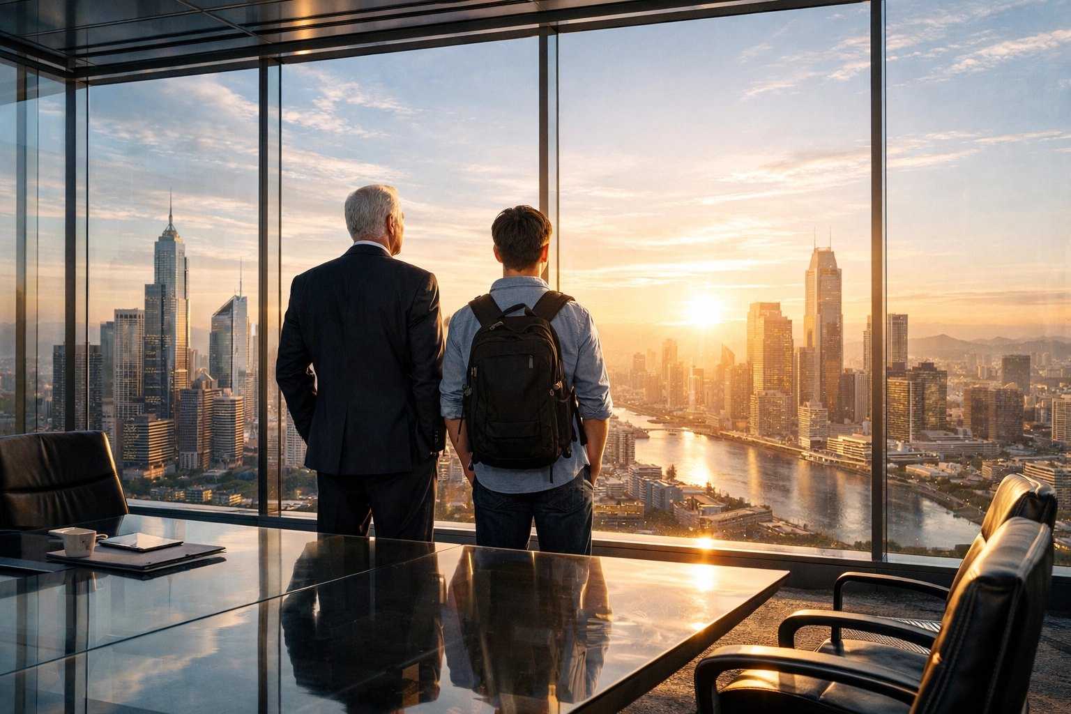 Corporate executive and student overlooking a city, symbolizing strategic partnerships with future-ready schools.