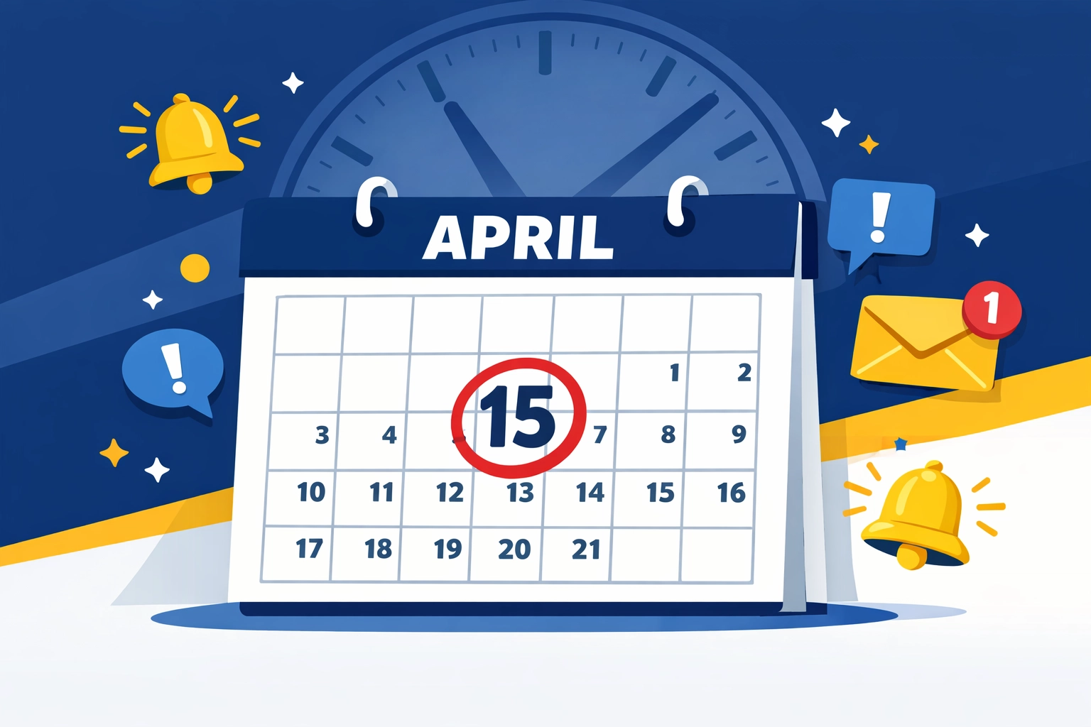 Tax filing deadline calendar showing April 15 with reminders to avoid penalties