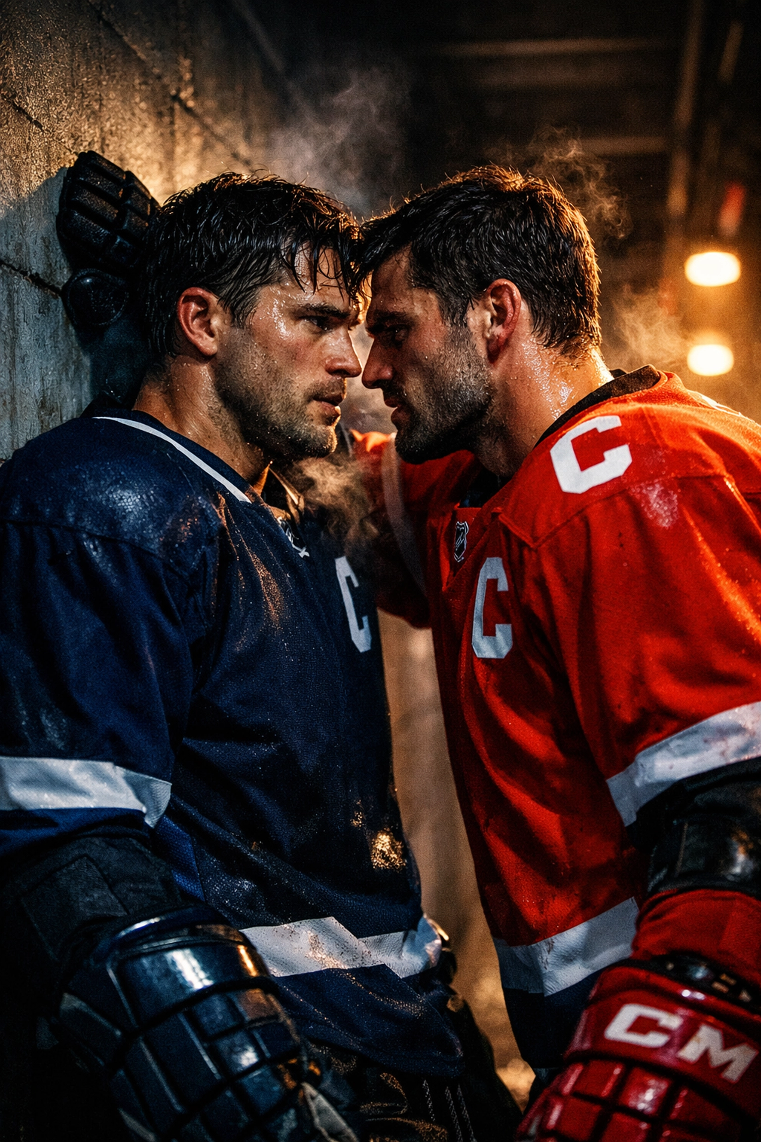 Rival hockey captains in an intense enemies-to-lovers standoff in a stadium tunnel.
