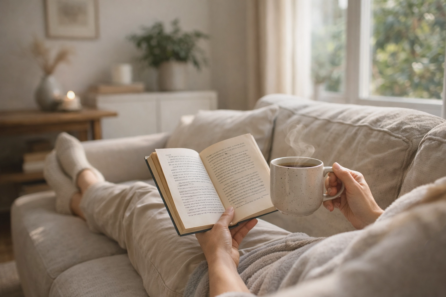 Relaxed homeowner reading on a sofa in a home tidied by professional house cleaning services in Nanaimo.