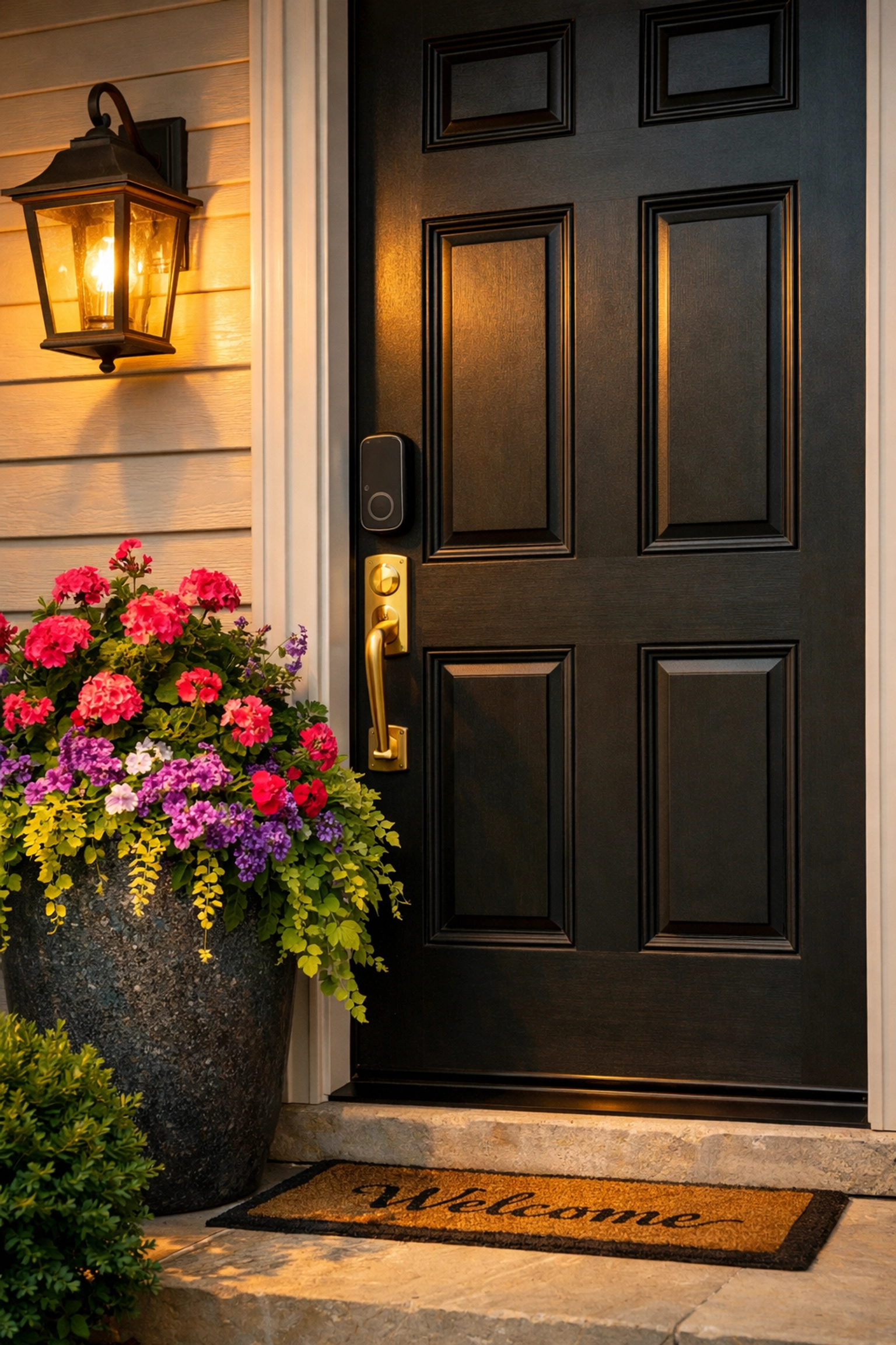 Close-up of a stylish Triad home entrance with a black front door and modern smart lock. Close-up of a stylish Triad home entrance with a black front door and modern smart lock.