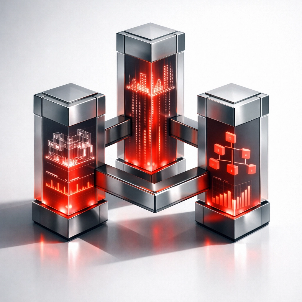 Three interconnected pillars representing governed architecture, data governance, and operating model framework