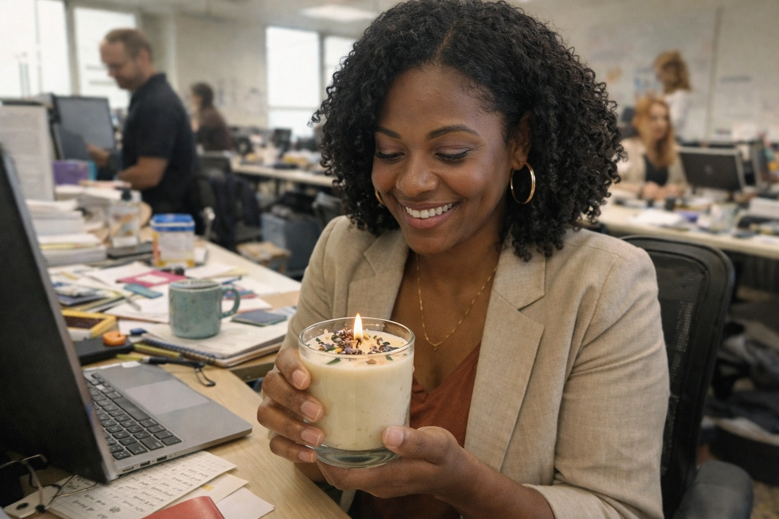 Professional woman admiring handmade candle from corporate wellness workshop at her desk