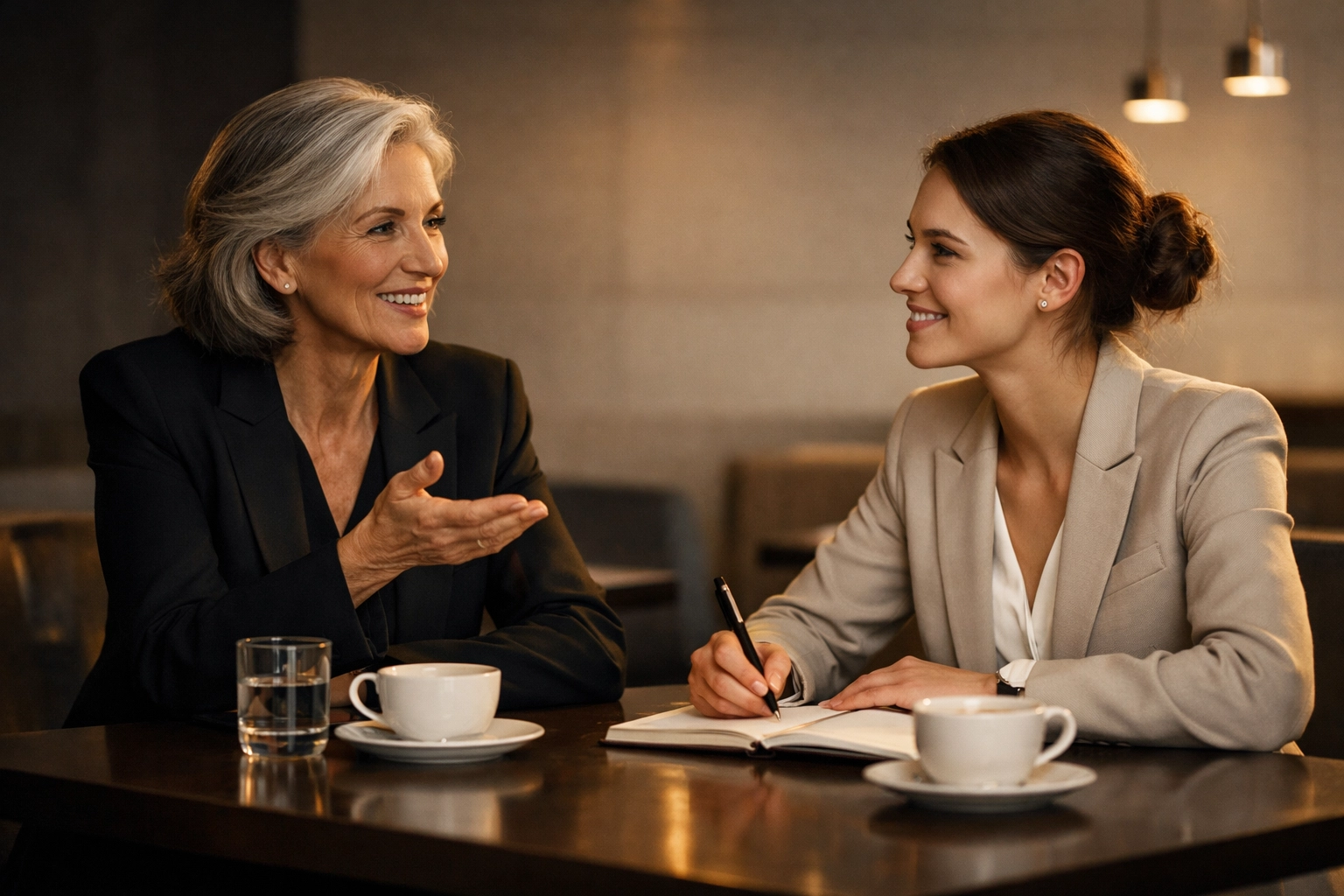 Lesbian professional mentor and mentee discussing career growth and queer leadership in a modern cafe.