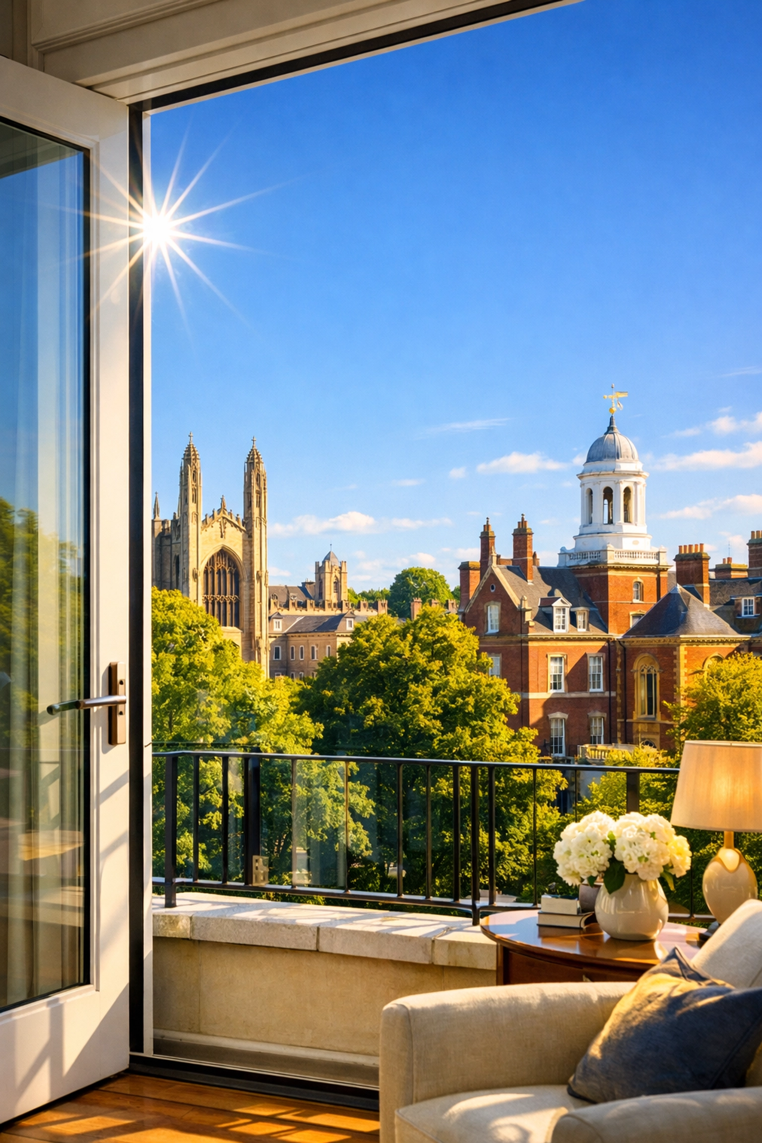 View of historic Cambridge through a sparkling clean window after move-out cleaning Cambridge.