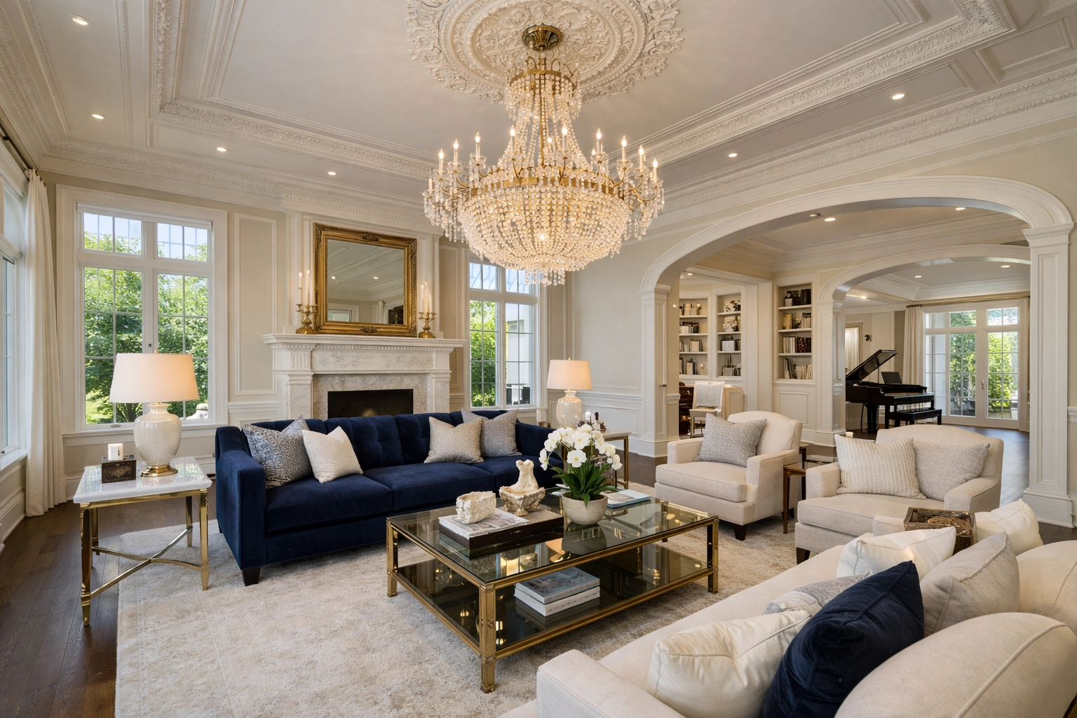 Sparkling high-ceilinged living room in a Newton estate featuring dust-free luxury house cleaning details.
