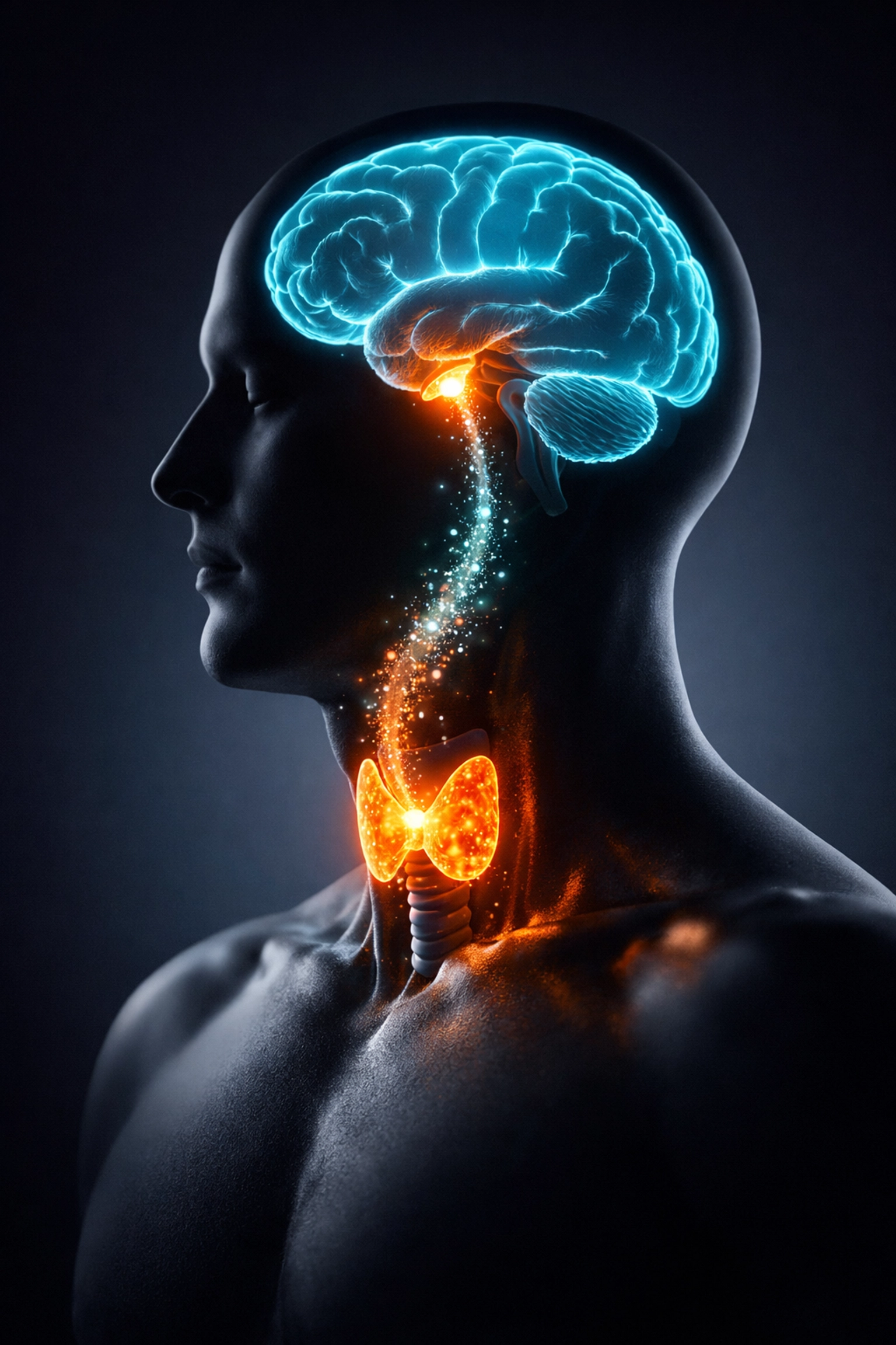 Human silhouette highlighting the brain and thyroid gland showing hormonal energy flow for metabolism.
