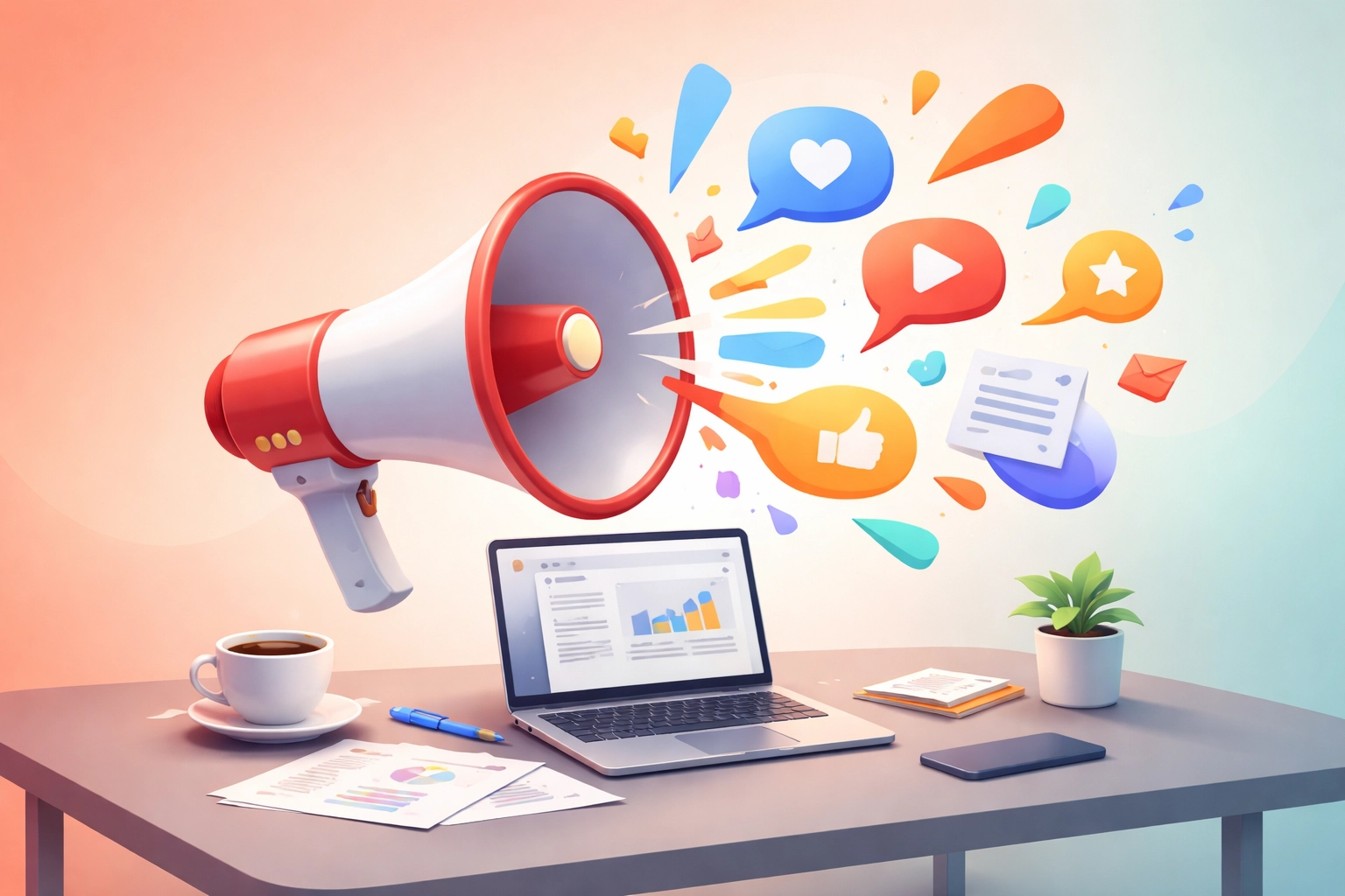 Megaphone spreading colorful news above a startup desk, representing how press releases gain media coverage.