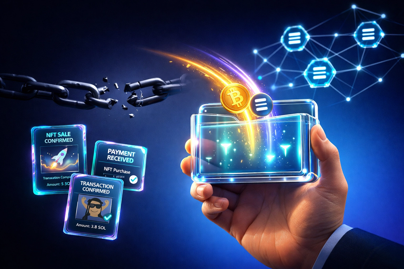 Self-custody crypto wallet receiving direct payments with NFT receipts, no intermediaries