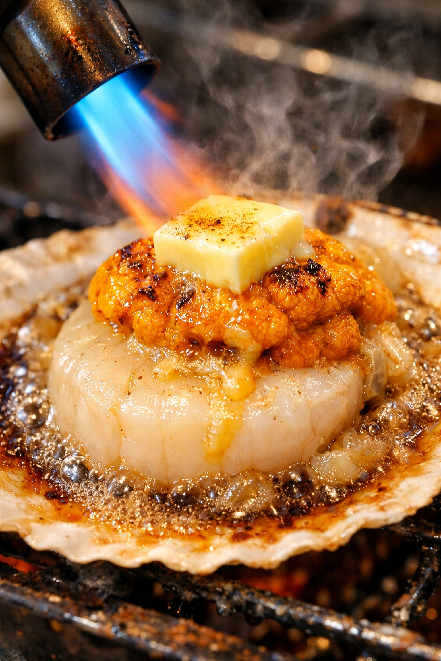Macro photo of a torched scallop with uni at Tsukiji, a highlight of Tokyo food photography.