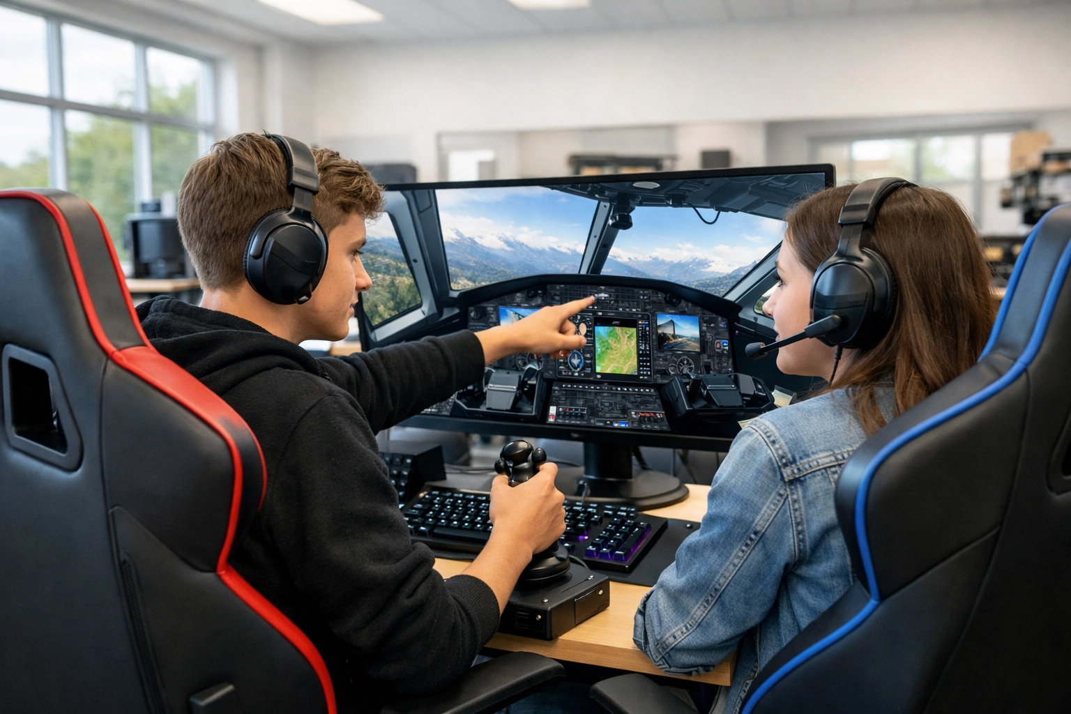 High school students using a tech-forward esports simulation station to drive educational growth and ROI.