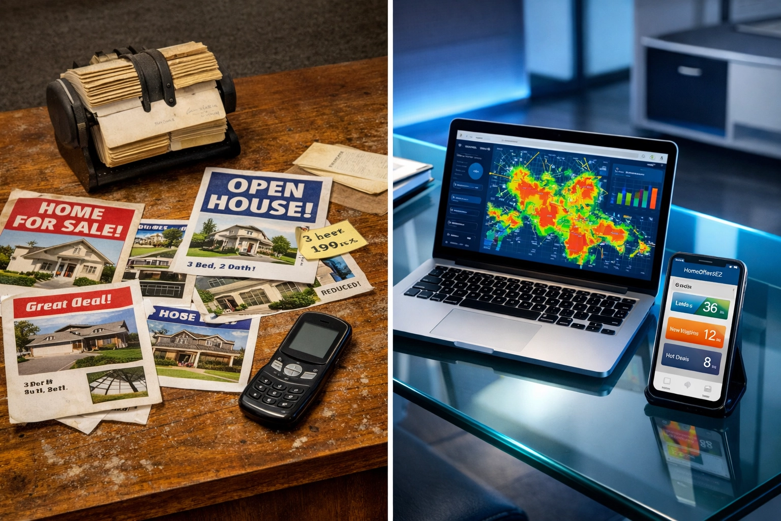 Traditional real estate desk with paper flyers versus modern AI-powered real estate dashboard