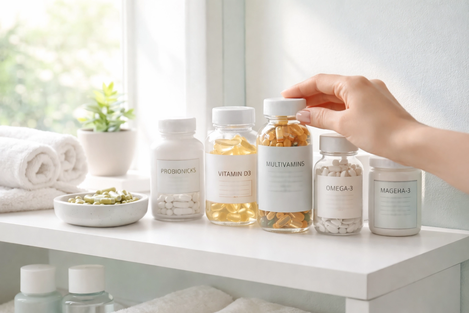 Selection of supplement bottles on a bathroom shelf, illustrating natural testosterone boosters at home