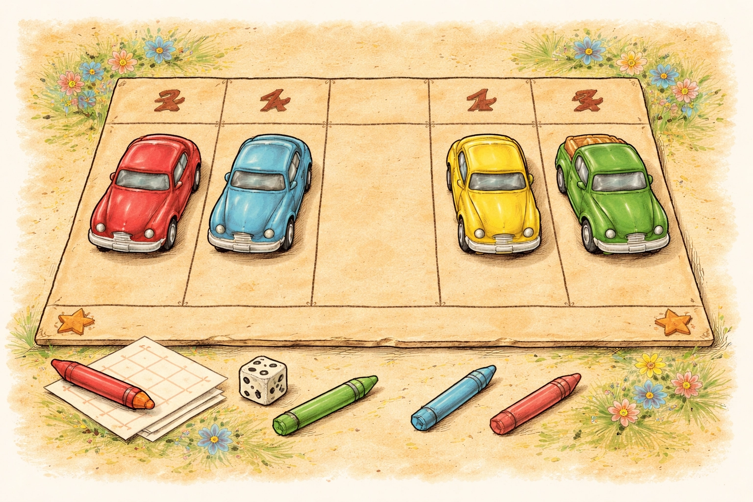 Hand-drawn number parking lot game with toy cars in numbered spaces for kids' math activity