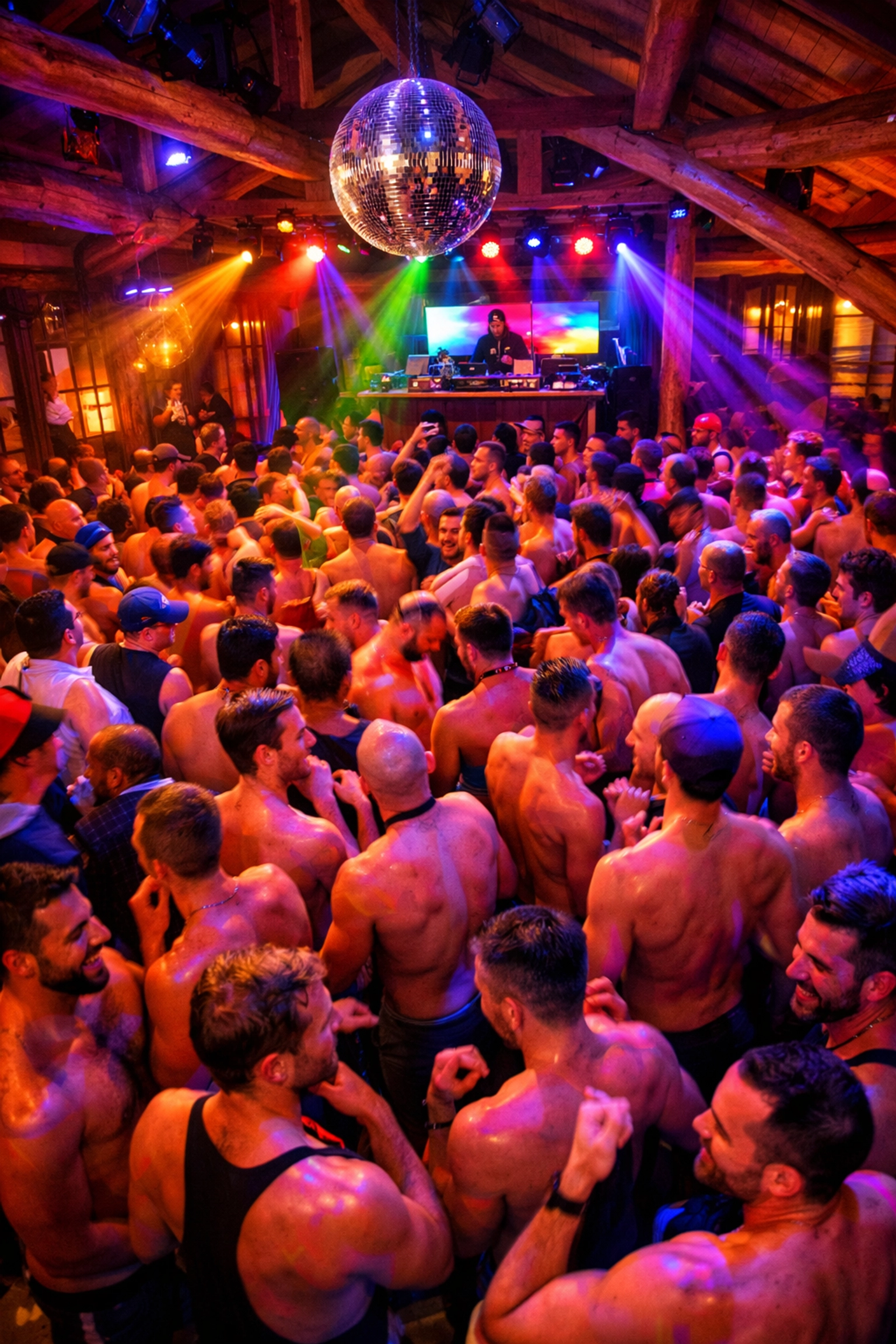 Gay men dancing at Aspen Gay Ski Week nightlife party with rainbow lights and festive atmosphere