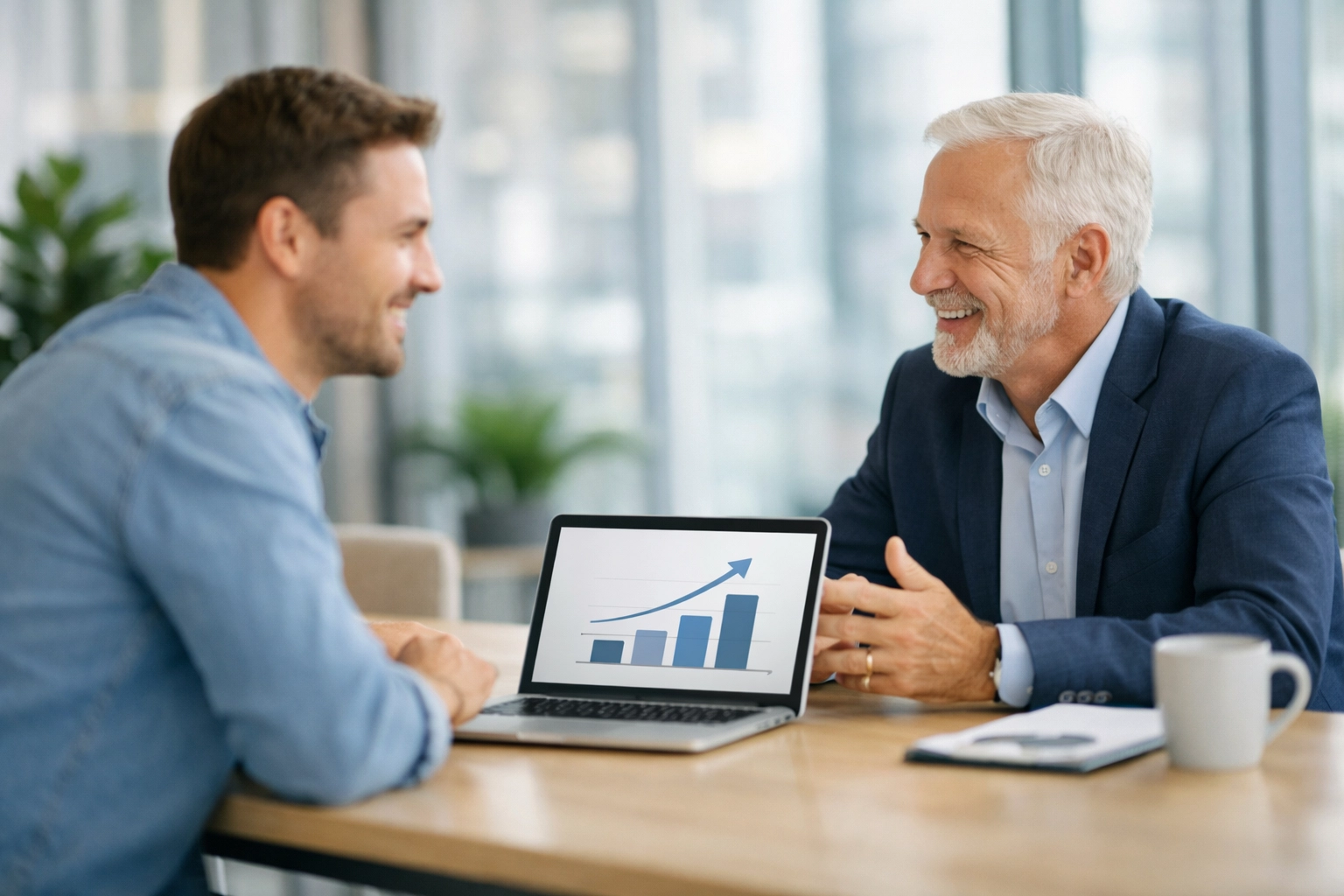 Founder and financial advisor in a consultation to secure negotiating leverage for startup scaling.