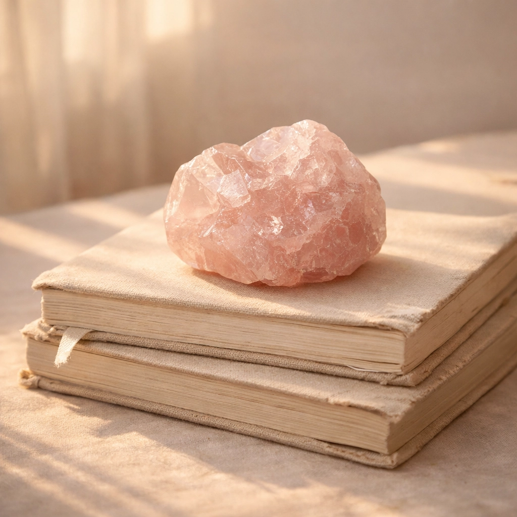 Rose quartz crystal on journals, symbolizing the shift from certifications to inner worthiness and essence.