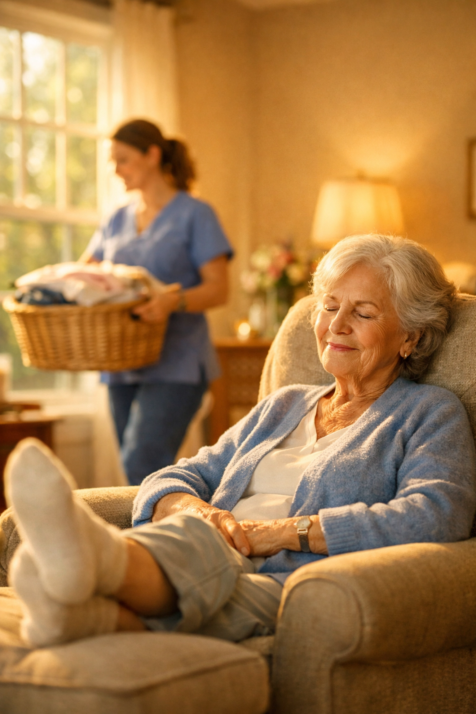 Professional home care Raleigh NC provider helping a senior recover by managing physical tasks and chores.