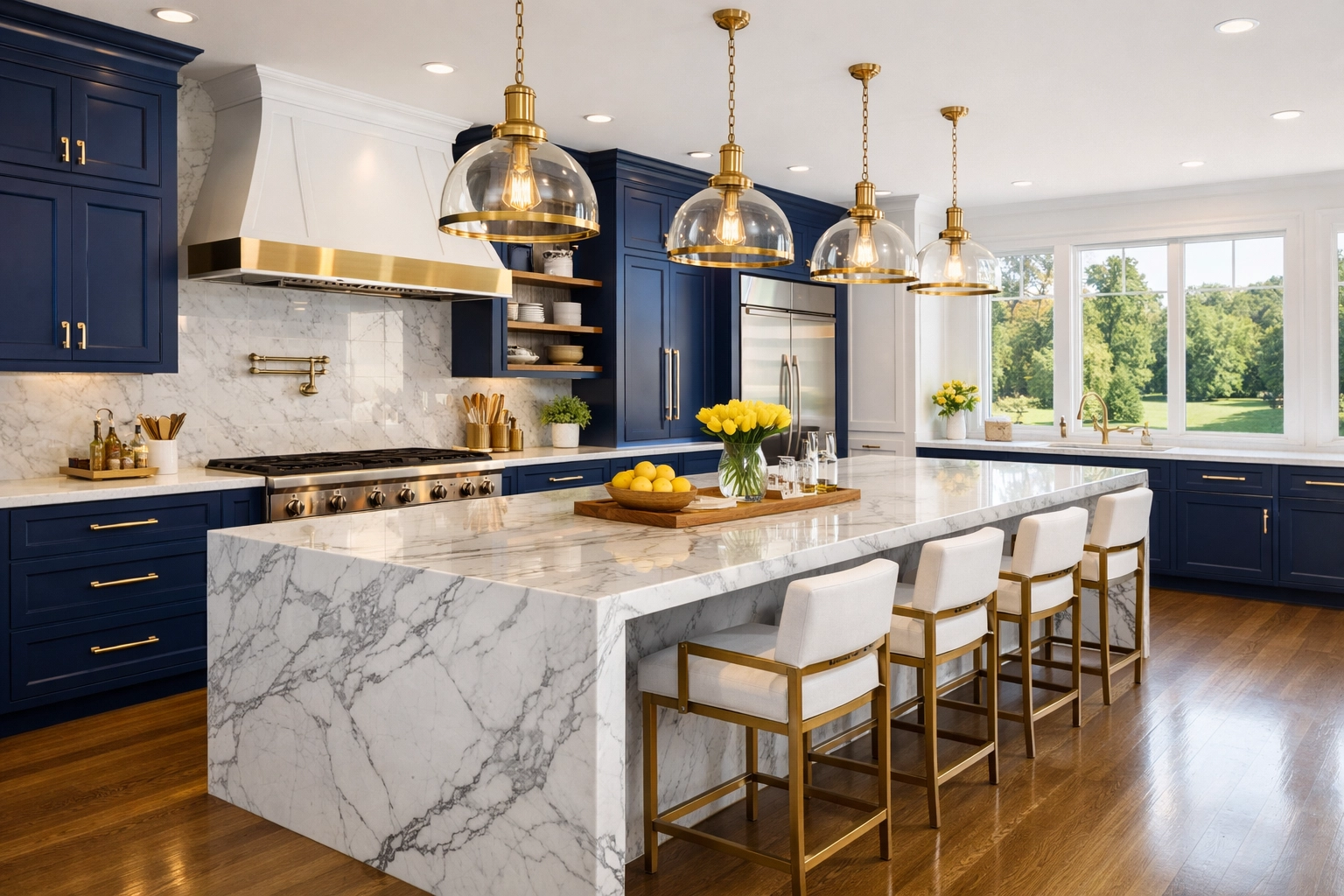 Spotless luxury Dover kitchen showing marble care from professional residential cleaning Massachusetts.