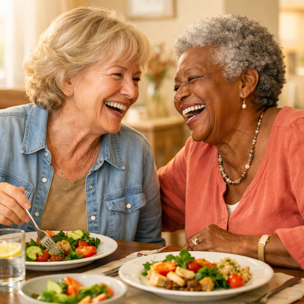 Seniors enjoying social dining experience at Sarasota assisted living community