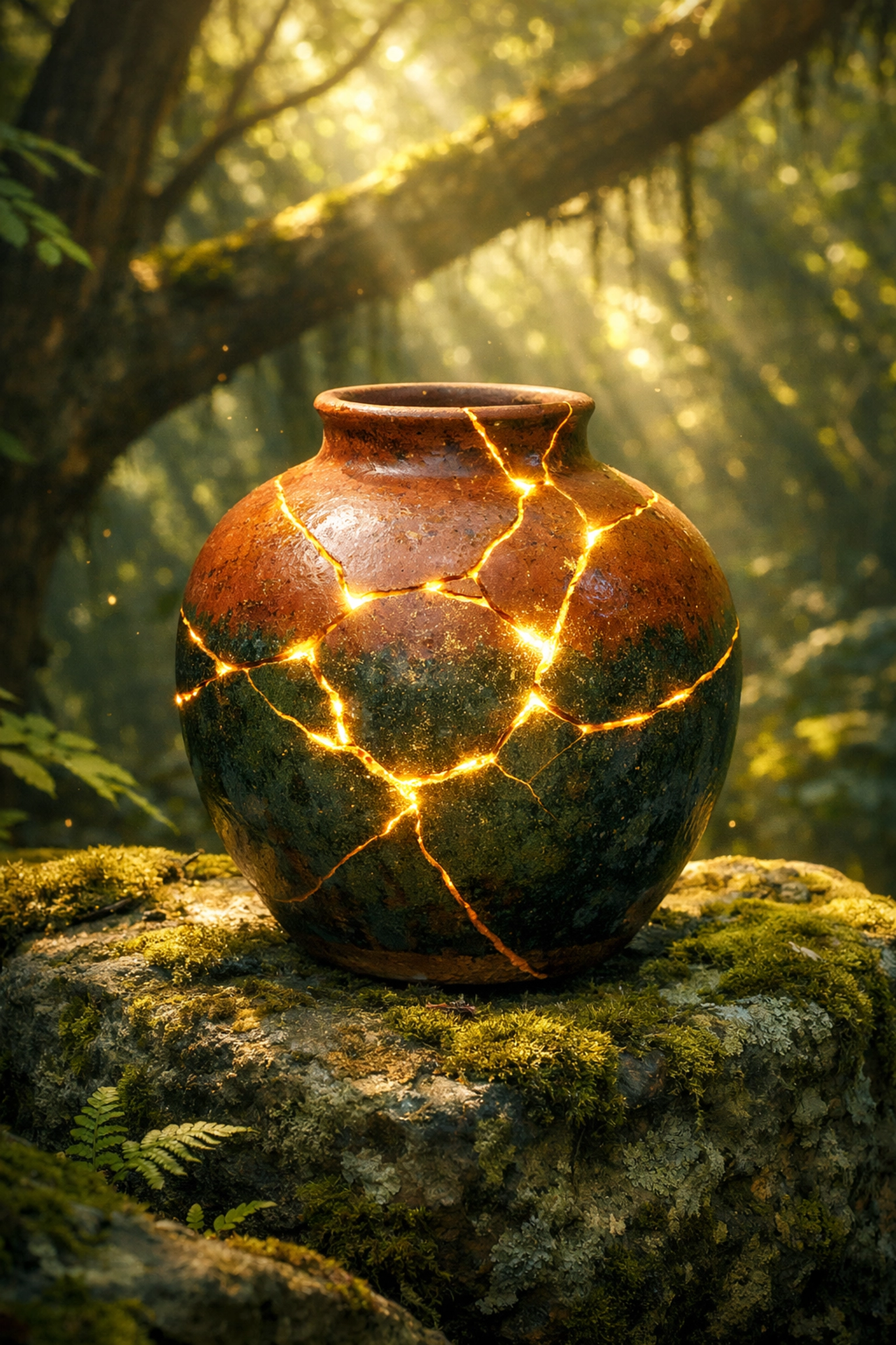 Kintsugi ceramic vessel in a forest symbolizing healing core wounds and the Chiron Effect.