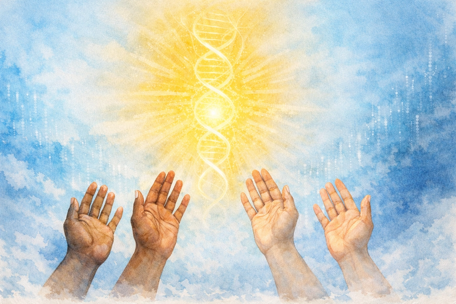 Watercolor art of hands reaching toward golden light, representing divine truth within viral Christian faith trends.