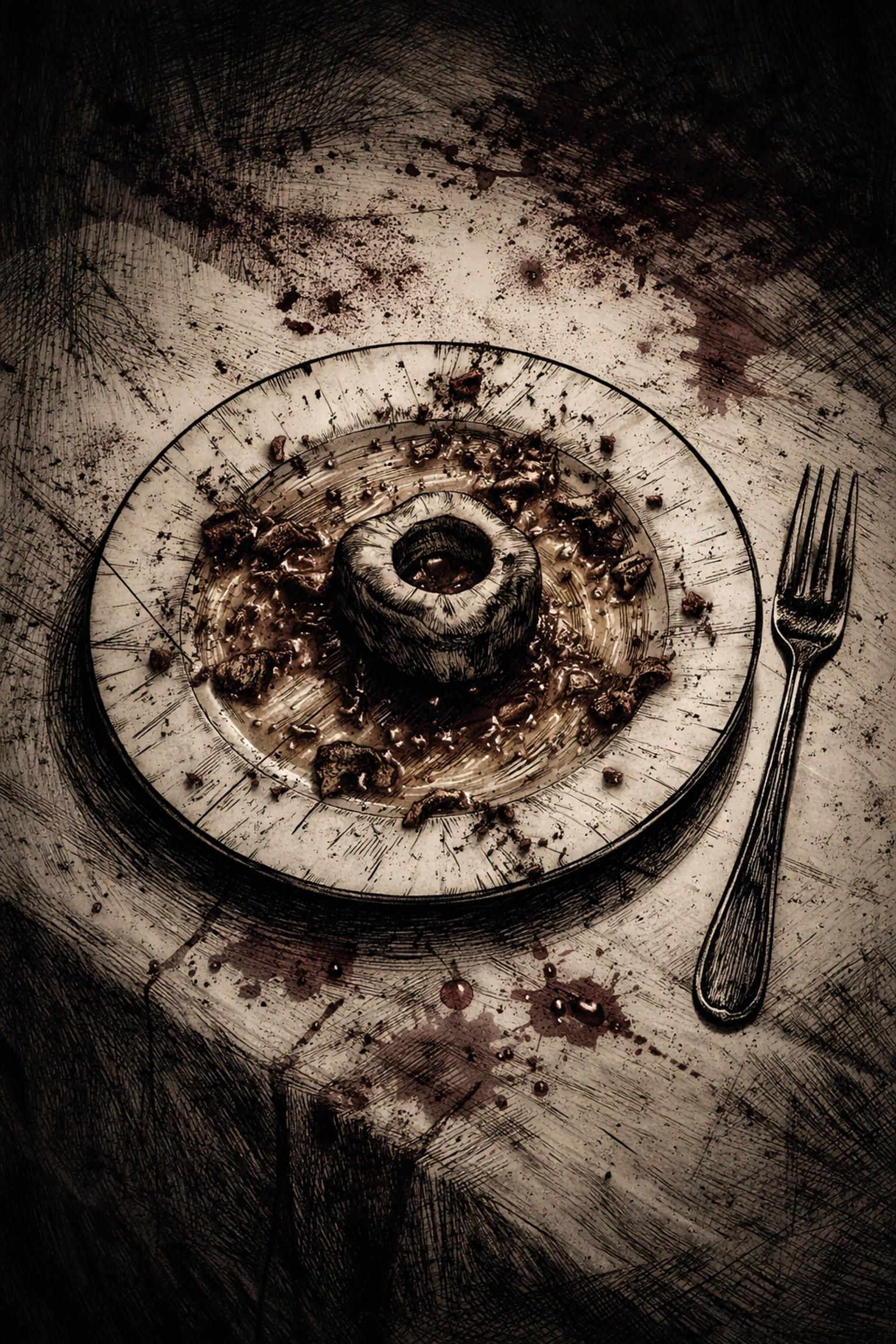 Overhead view of an empty osso buco plate with a marrow bone, symbolizing the story's noir mystery ending.