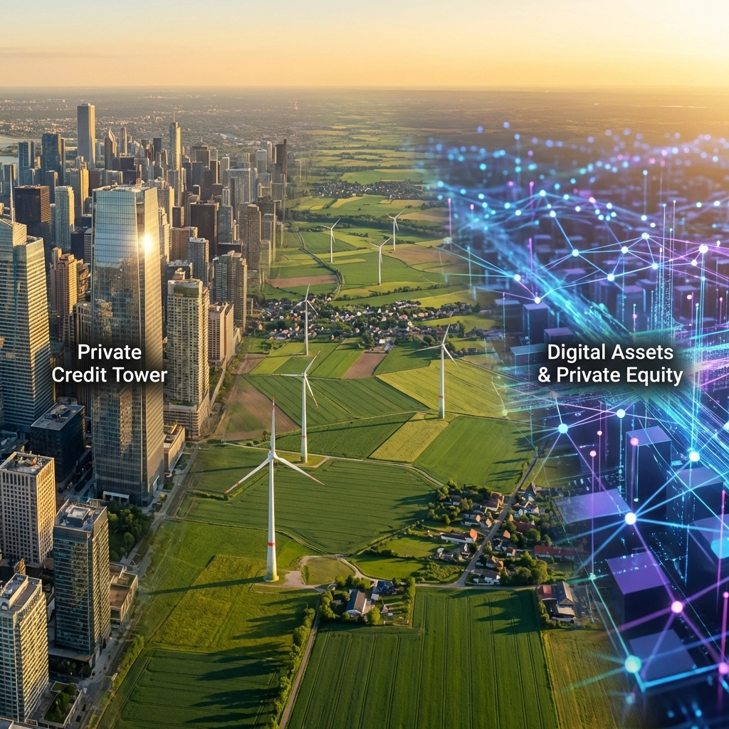 Aerial view showing cityscape, farmland, and digital network, highlighting private credit, real estate, and alternative investments.