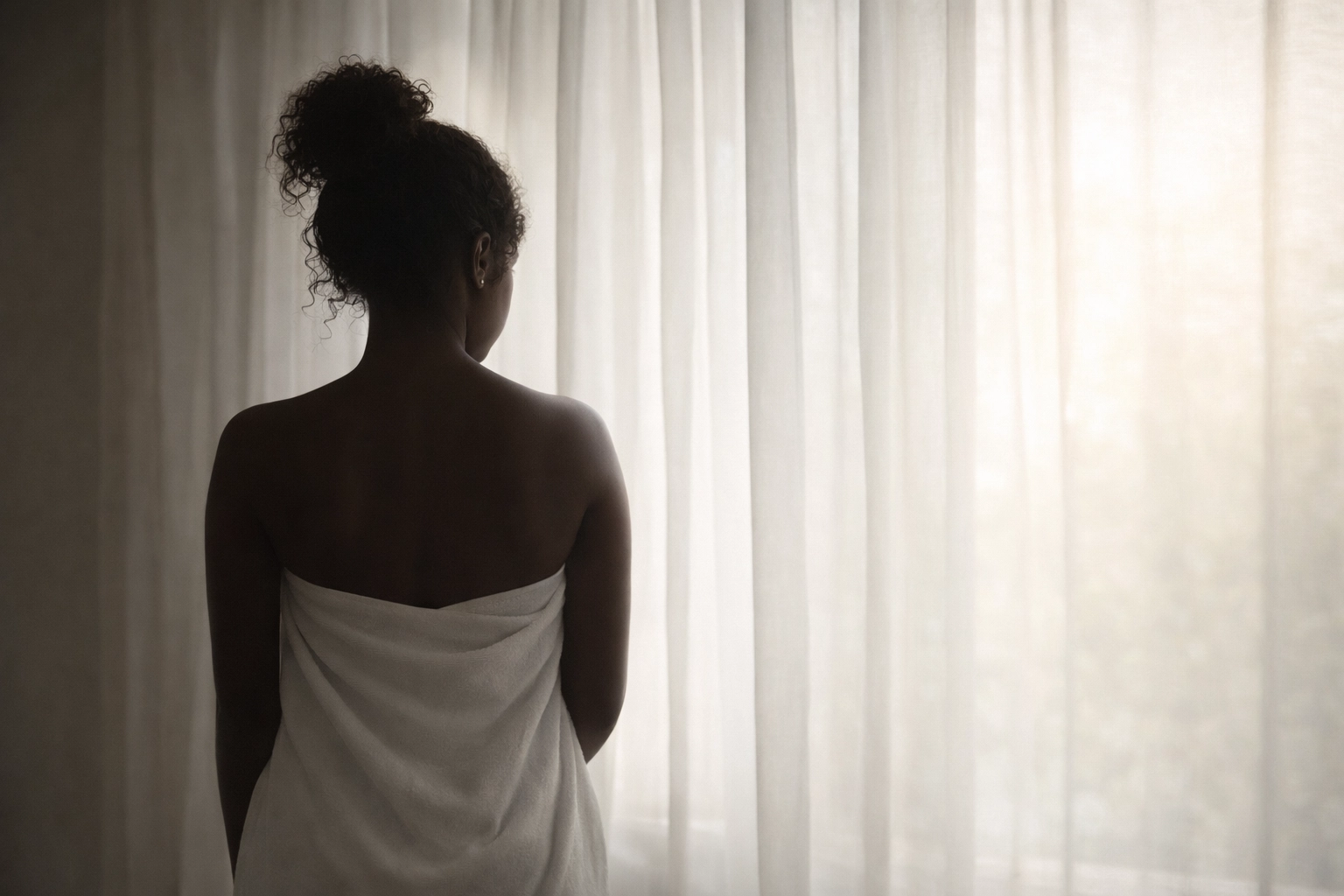 Faceless silhouette of a woman in soft window light, shifting from shadow to brightness