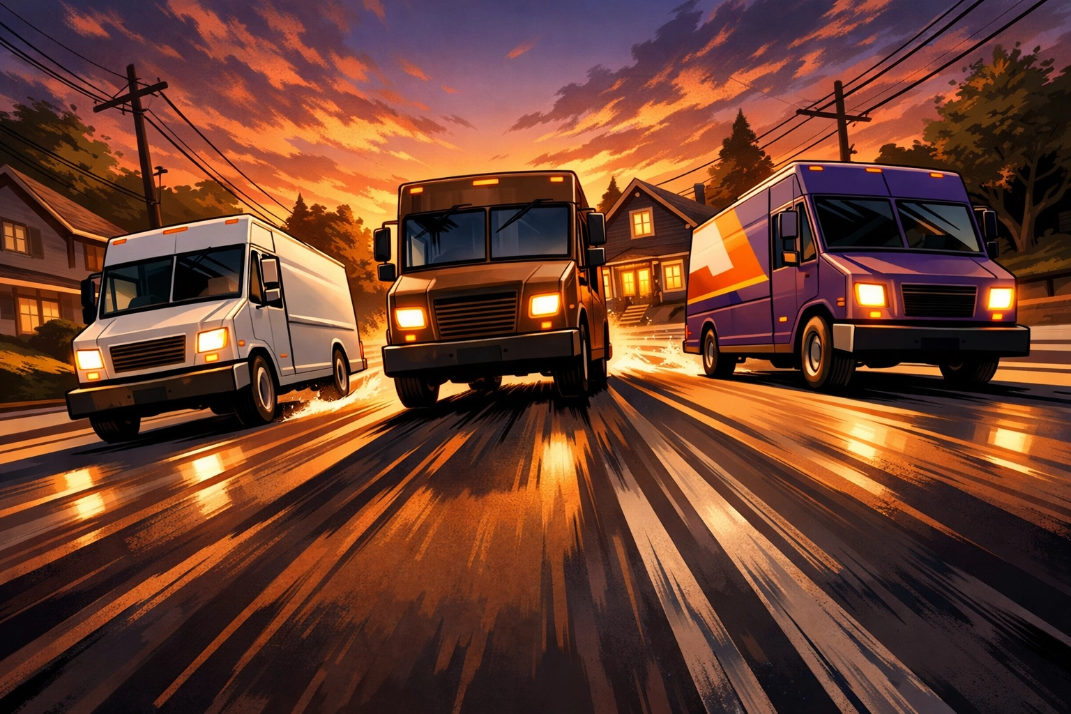FedEx, UPS, and USPS delivery trucks racing on a residential street for the 2026 reseller shipping war.