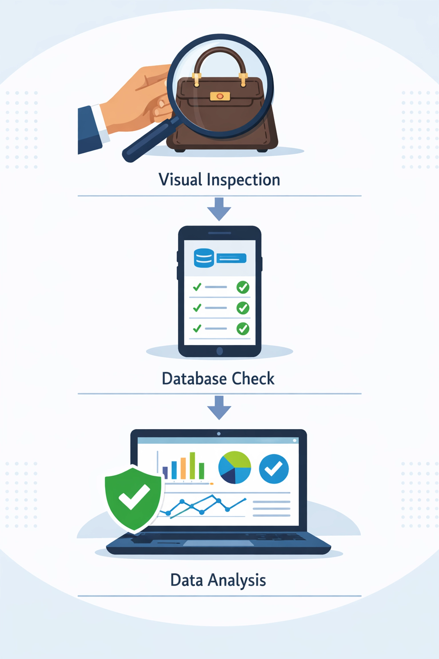Multi-layered luxury authentication process from visual inspection to database verification