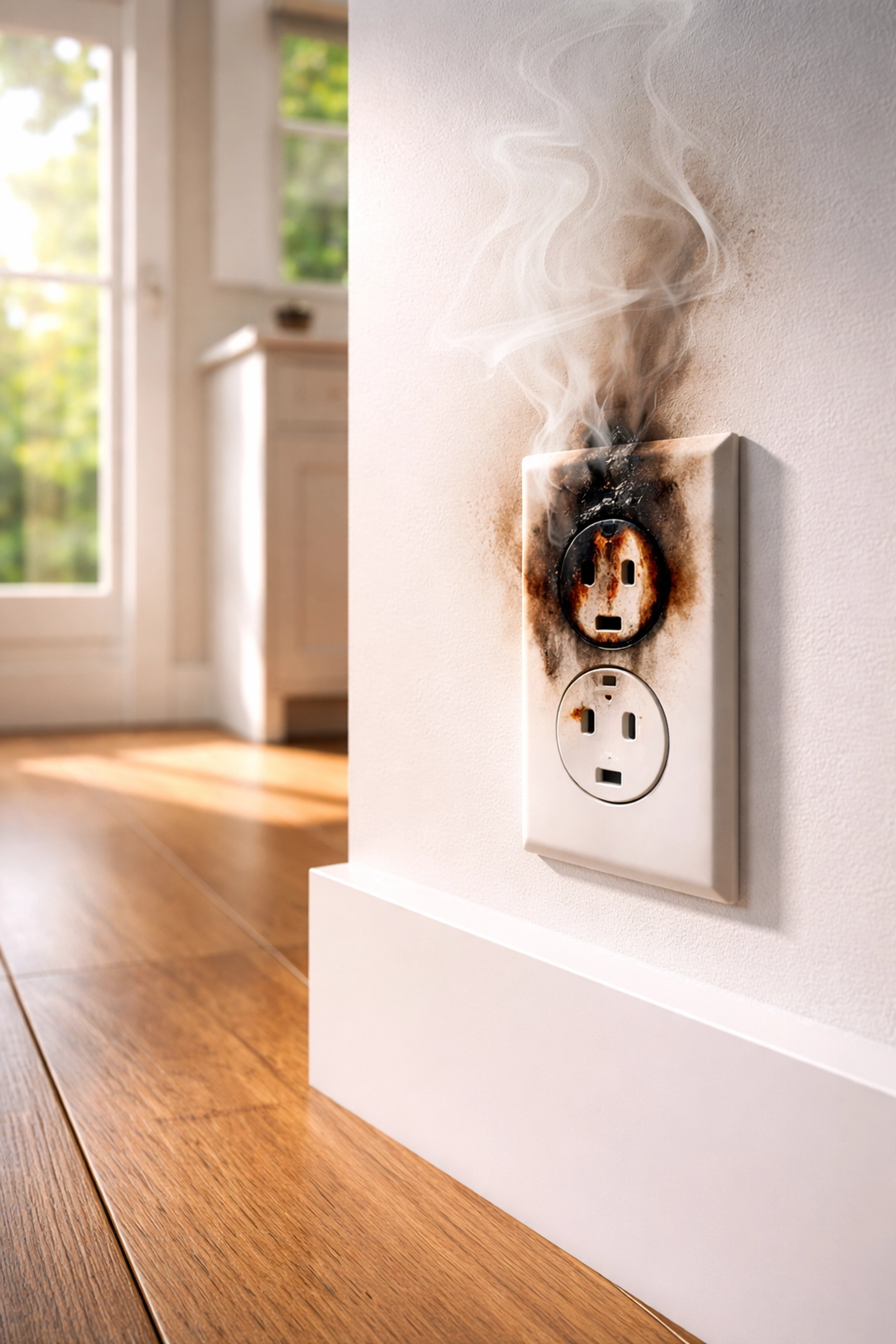 Damaged electrical outlet with scorch marks and smoke, highlighting need for emergency electrician in Portland Maine homes