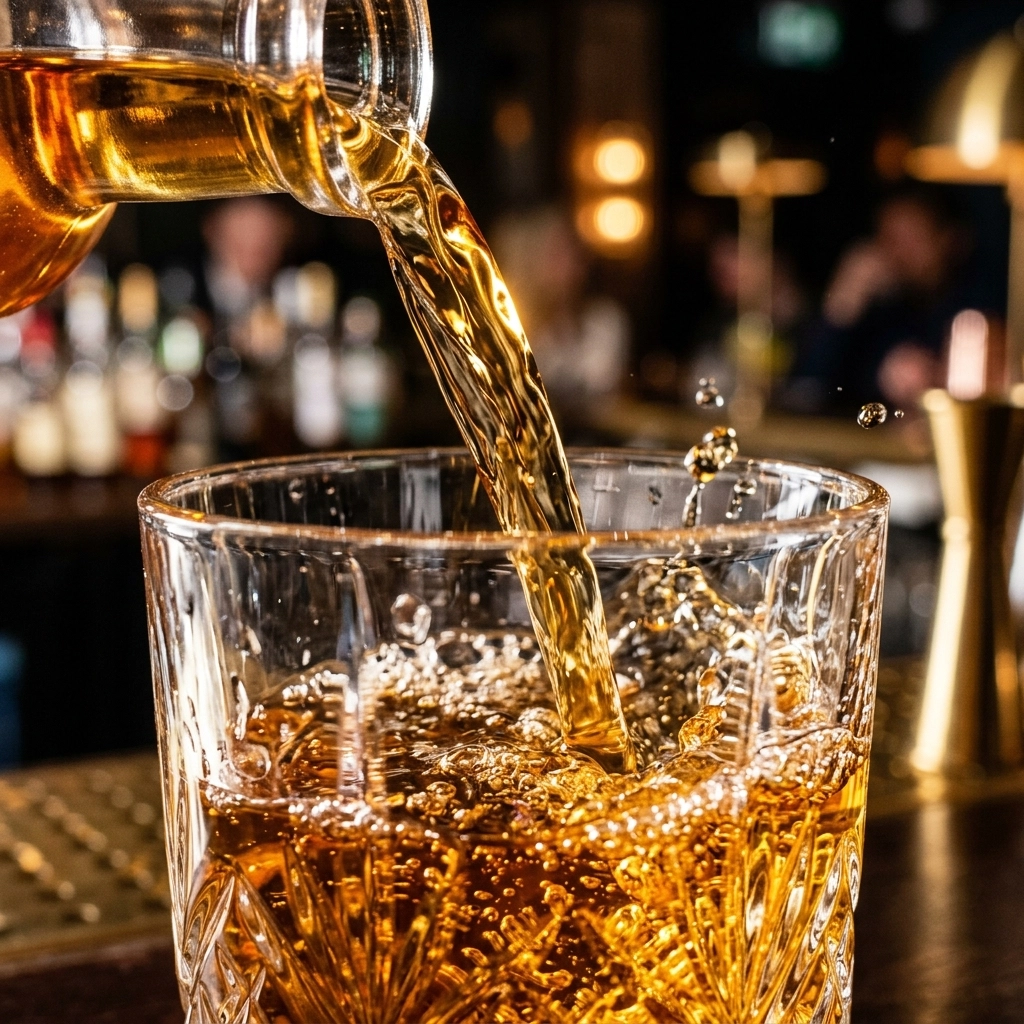 The intense macro of golden liquid being poured into a crystal glass