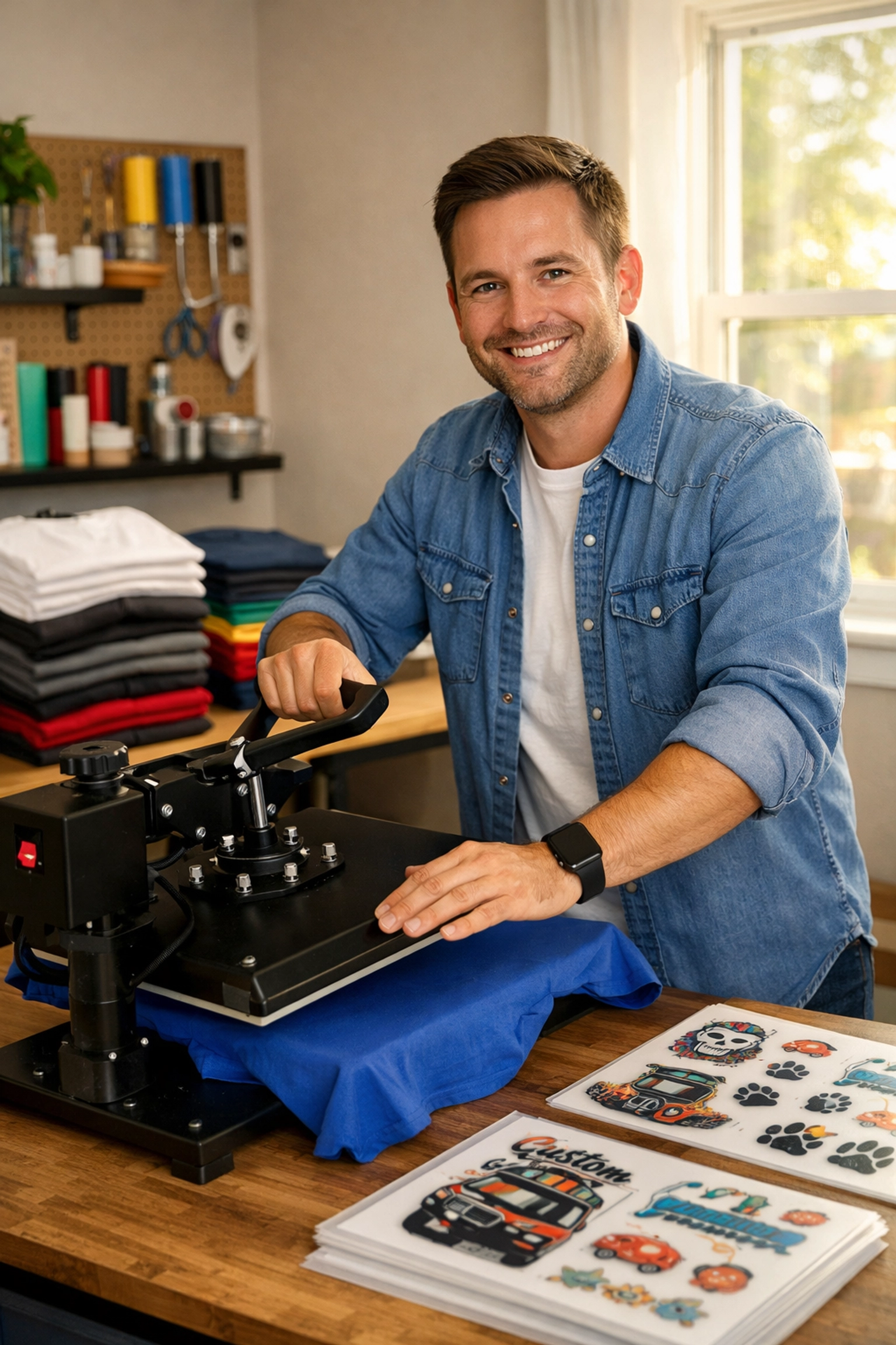 Small business owner heat pressing custom t-shirt in home studio workspace