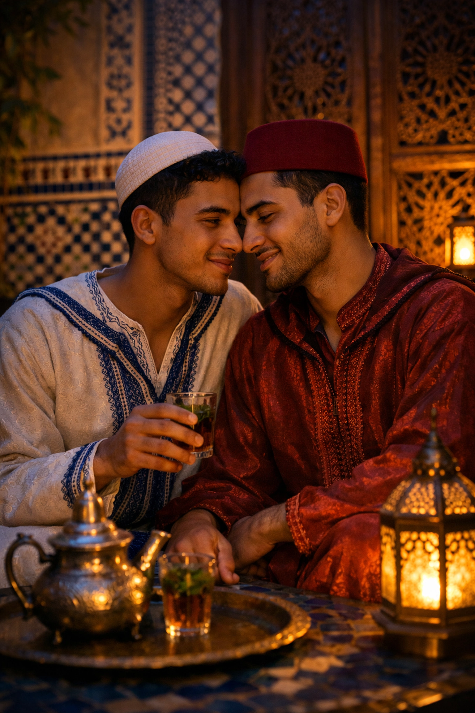 Two men sharing intimate moment in Moroccan riad courtyard - MM romance and faith in Marrakech