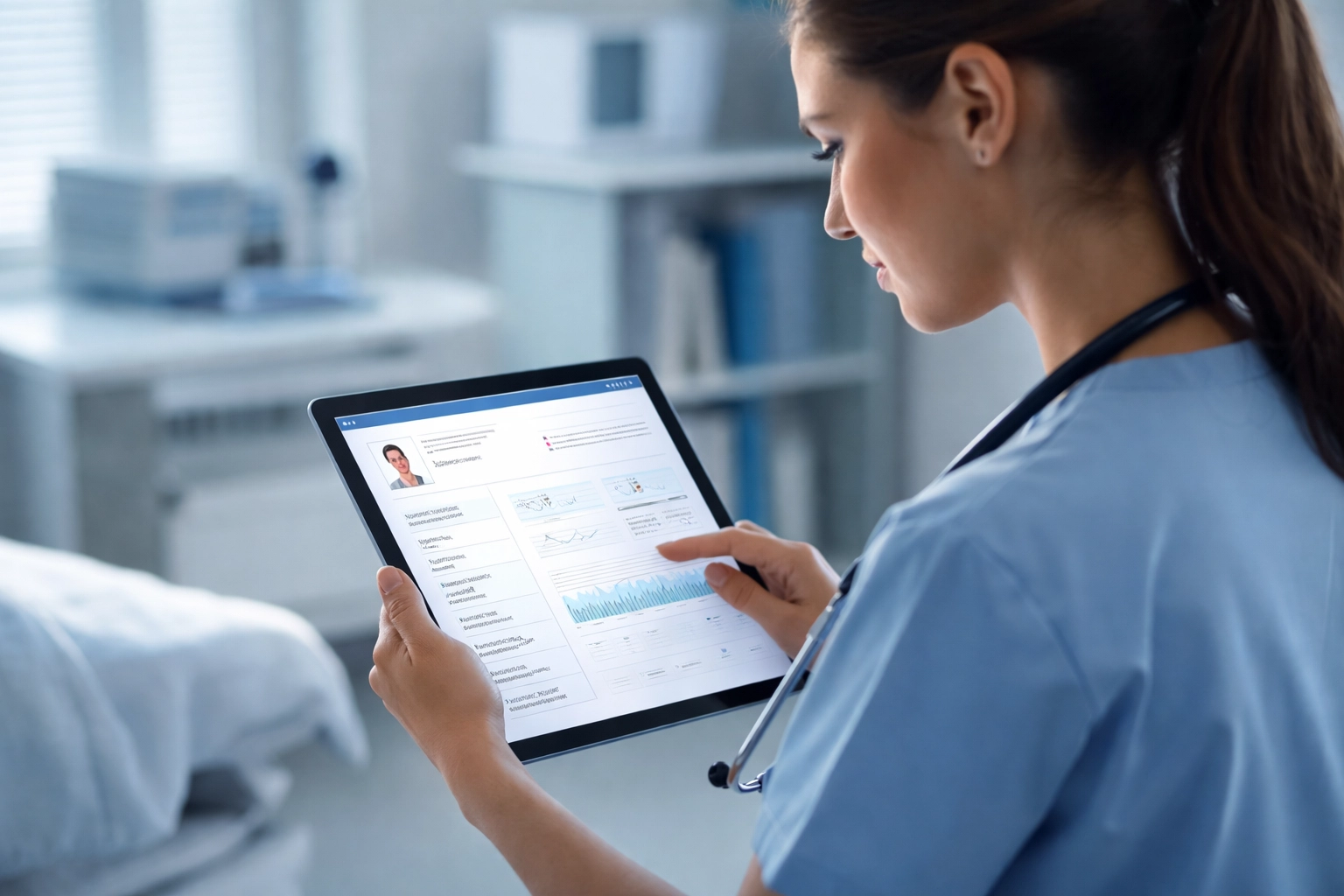 Healthcare provider using a tablet in a modern medical office, demonstrating real-time decision support integration with EHR.