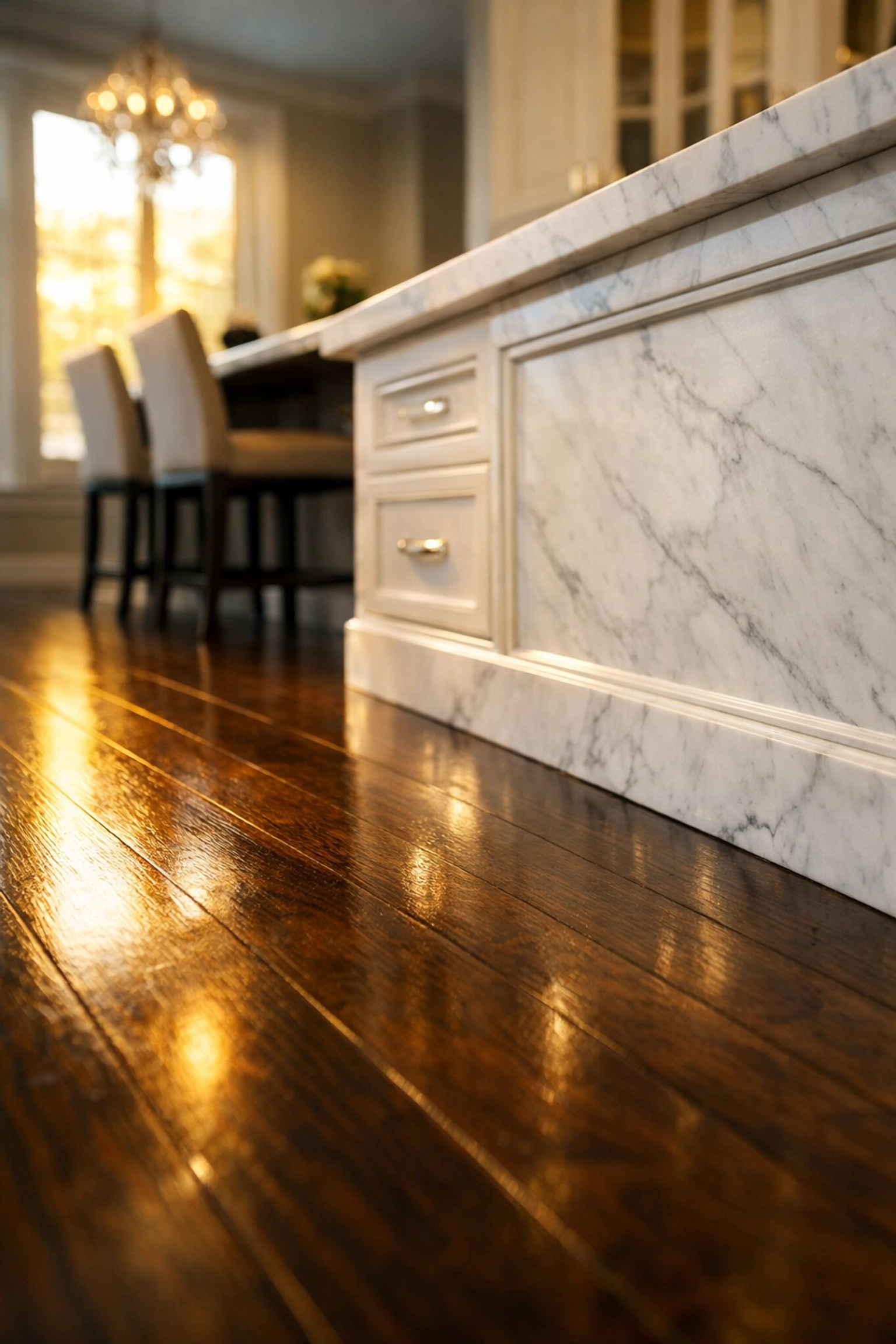 Gleaming dark-stained hardwood floors in a Southborough home after professional cleaning service.