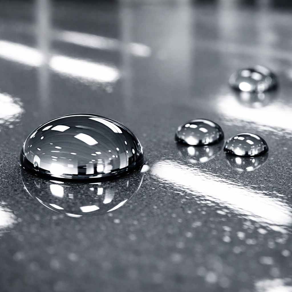 Water droplets on a smooth, slippery gray epoxy garage floor coating in Jackson MS.