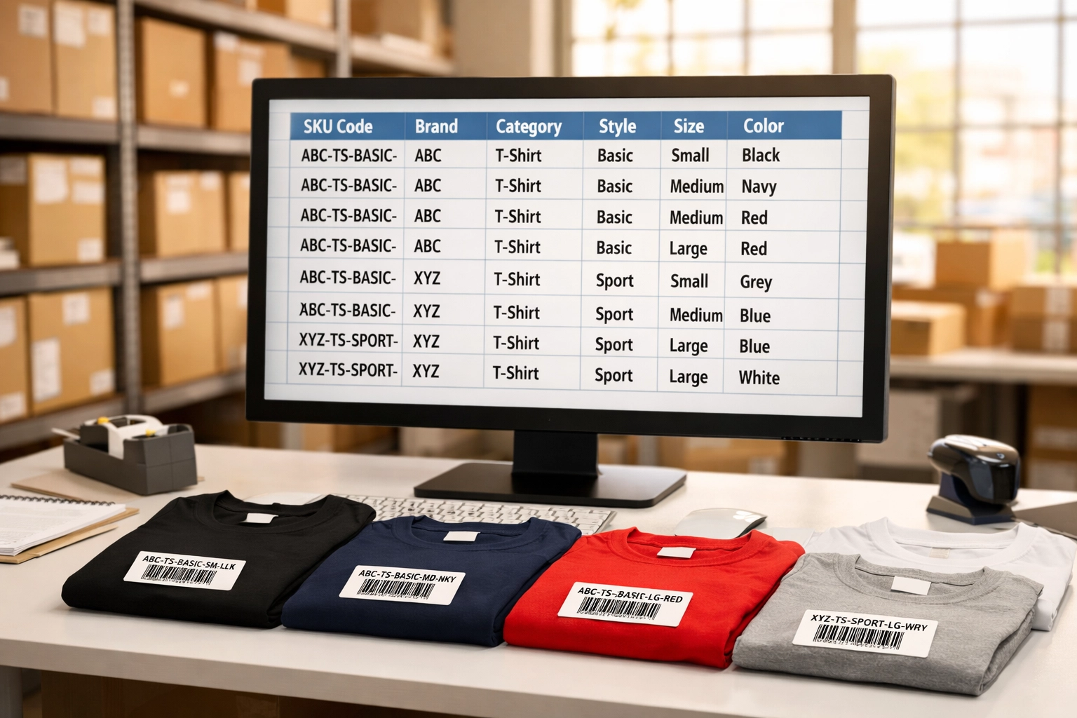 Organized SKU codes displayed on monitor with labeled products showing hierarchical structure