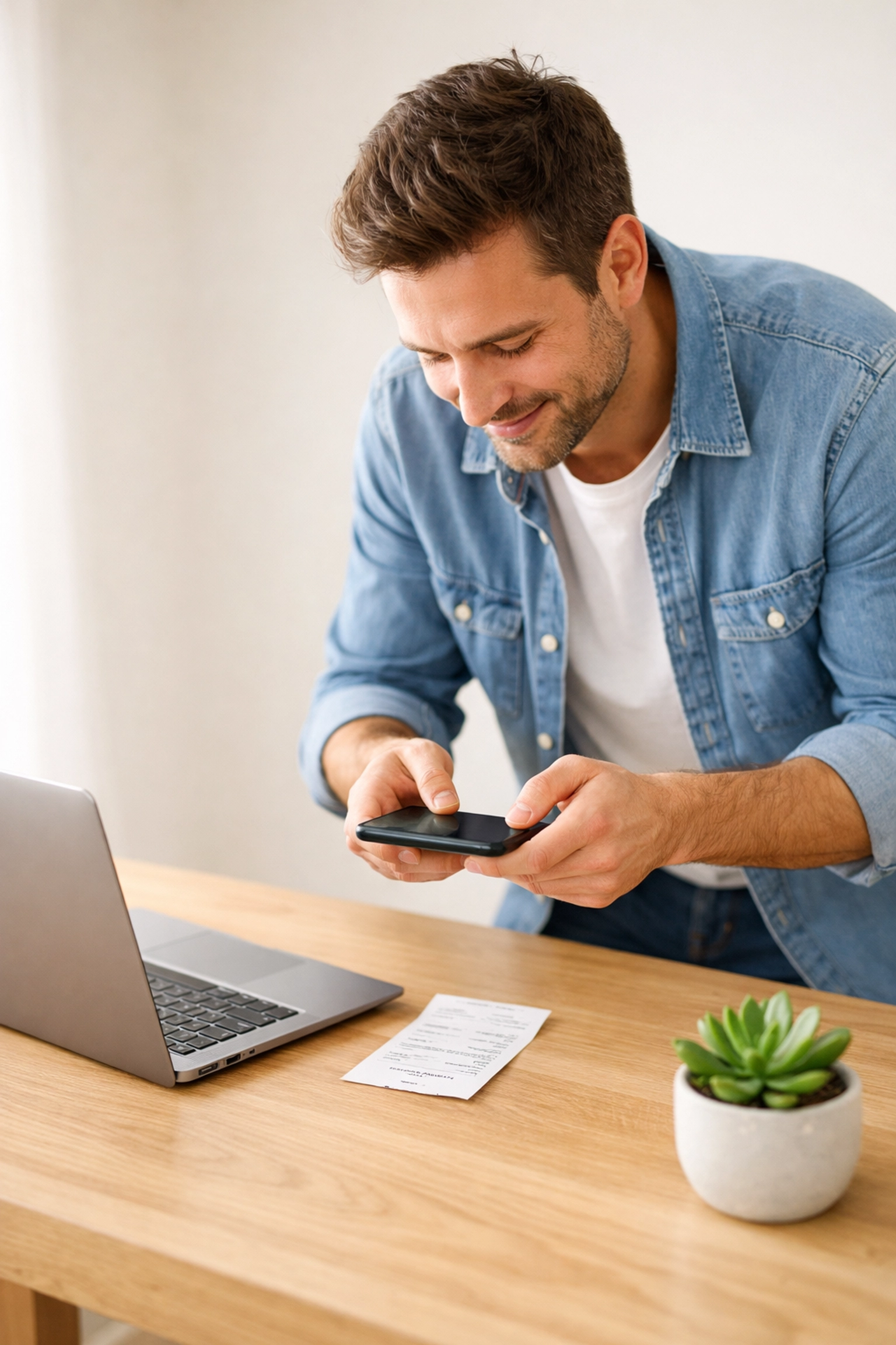 Startup founder scanning a business receipt with a smartphone for organized tax bookkeeping.