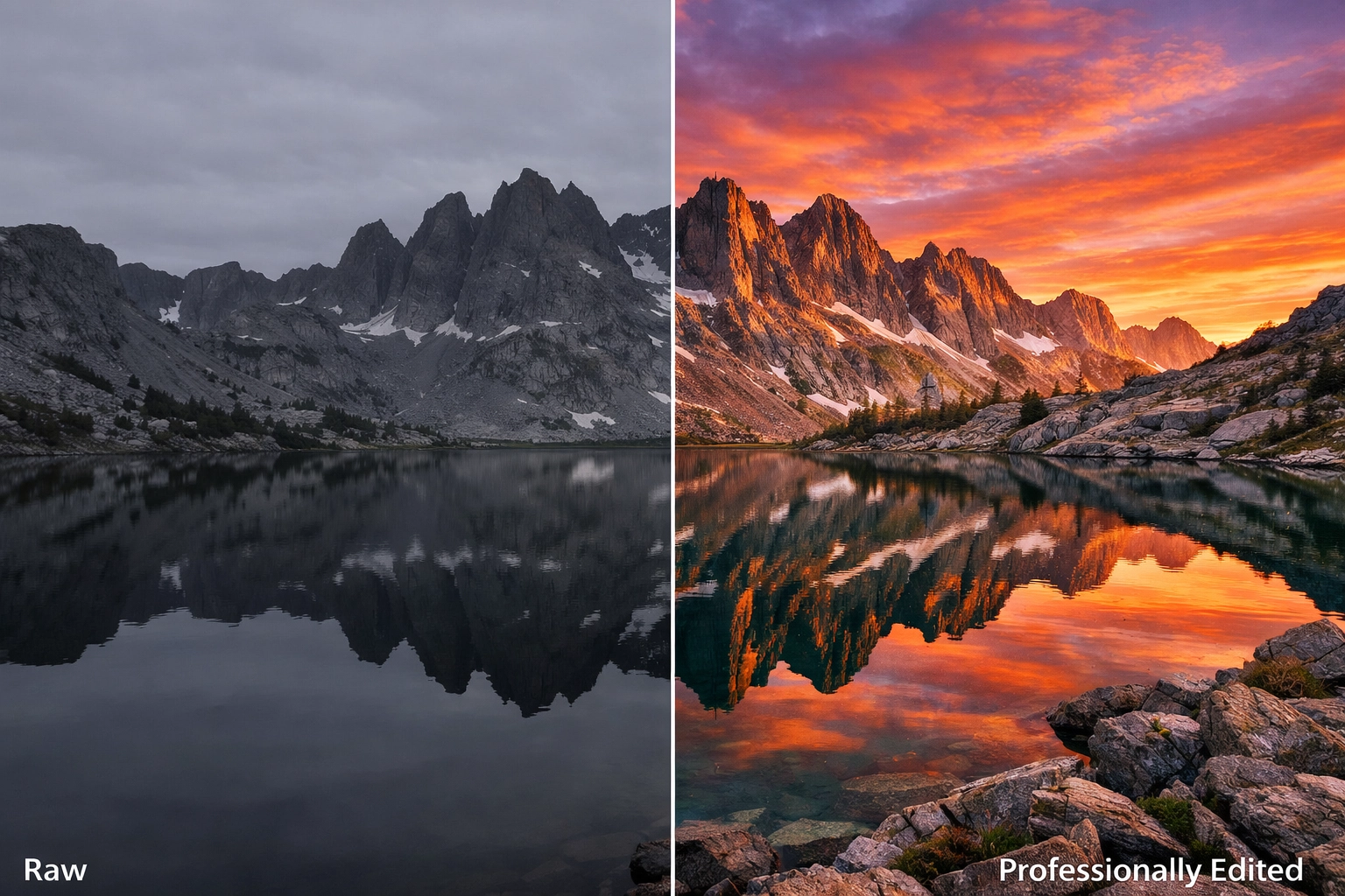 Split-screen showing the before and after editing process of a mountain landscape in photography tutorials.