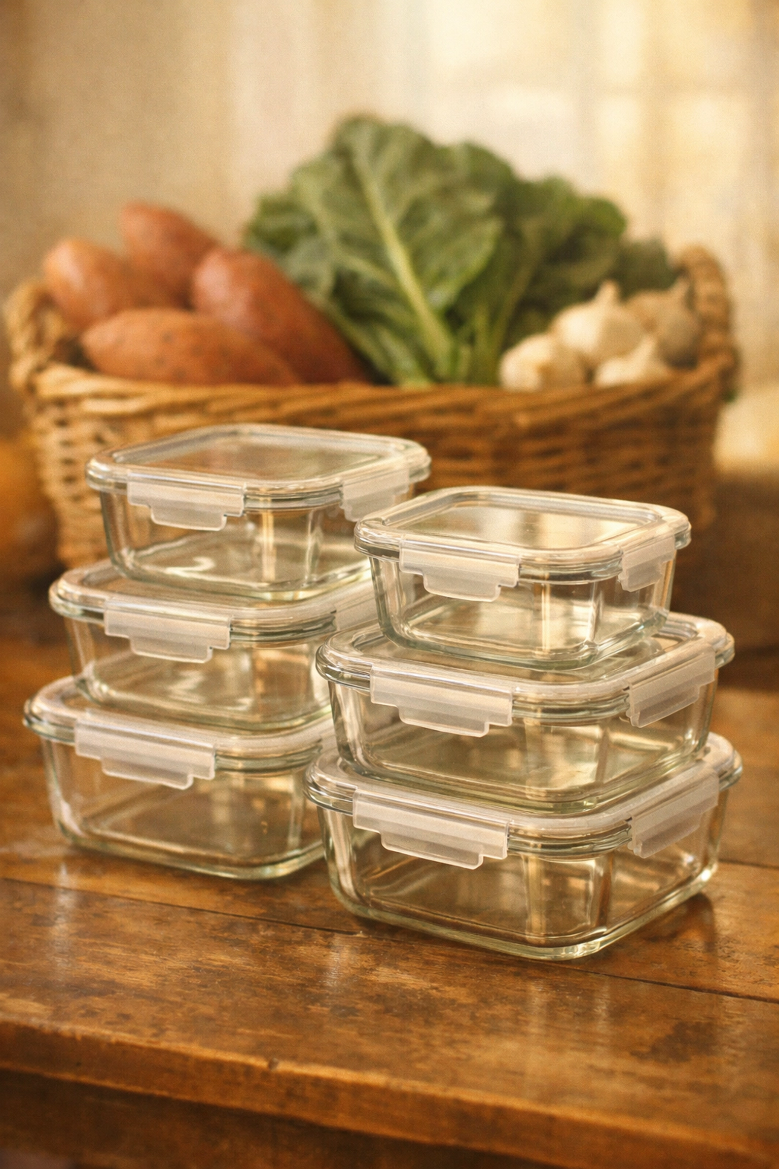 Organized glass meal-prep containers on a farmhouse table near a basket of fresh Southern produce.