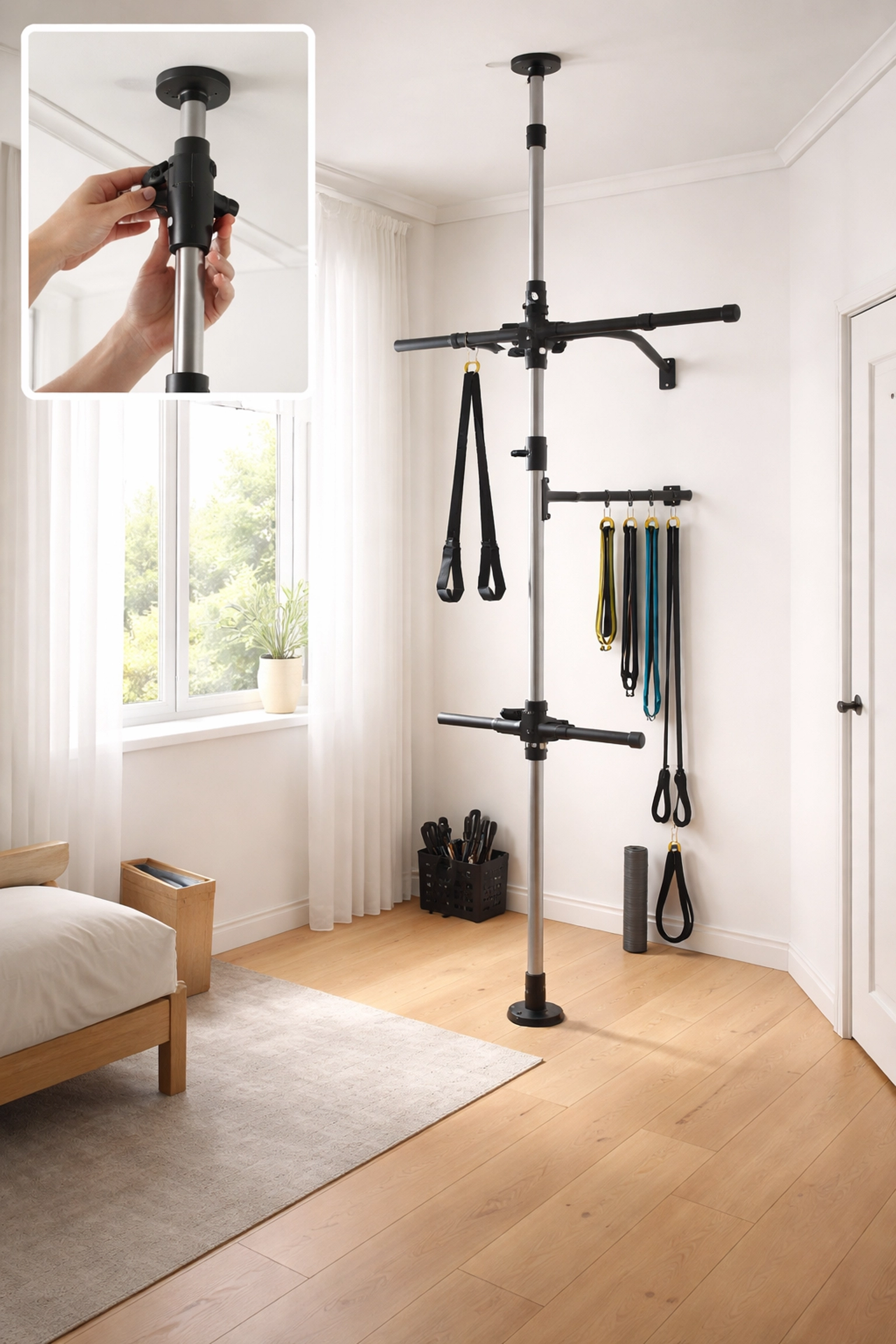 Instructional view of floor-to-ceiling gym installation in a bright spare room, showing compact home gym setup