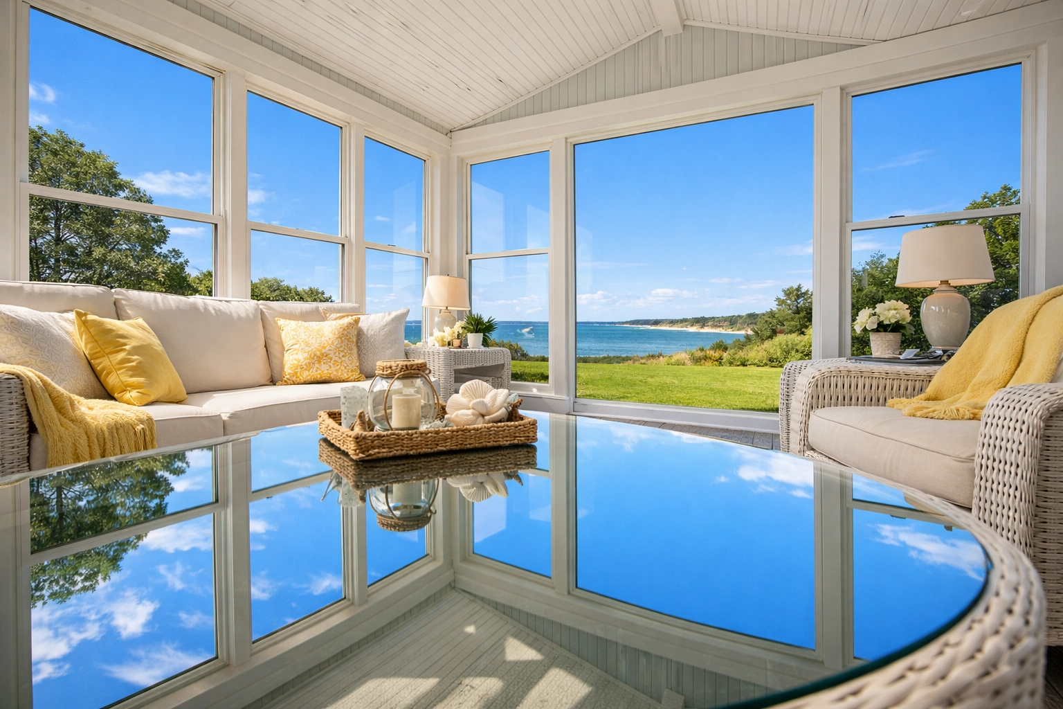 A bright Mashpee sunroom with streak-free windows, illustrating the peace of mind from professional cleaning.