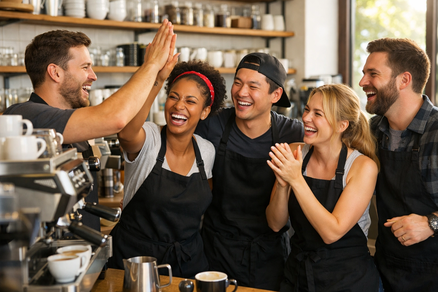 Happy café team celebrating together behind coffee bar after successful service shift