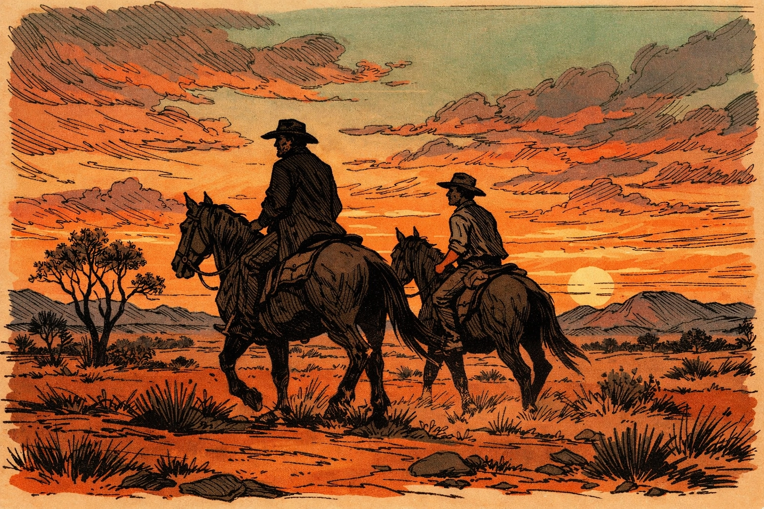 Partners on horseback riding across Australian Outback sunset in early 1900s
